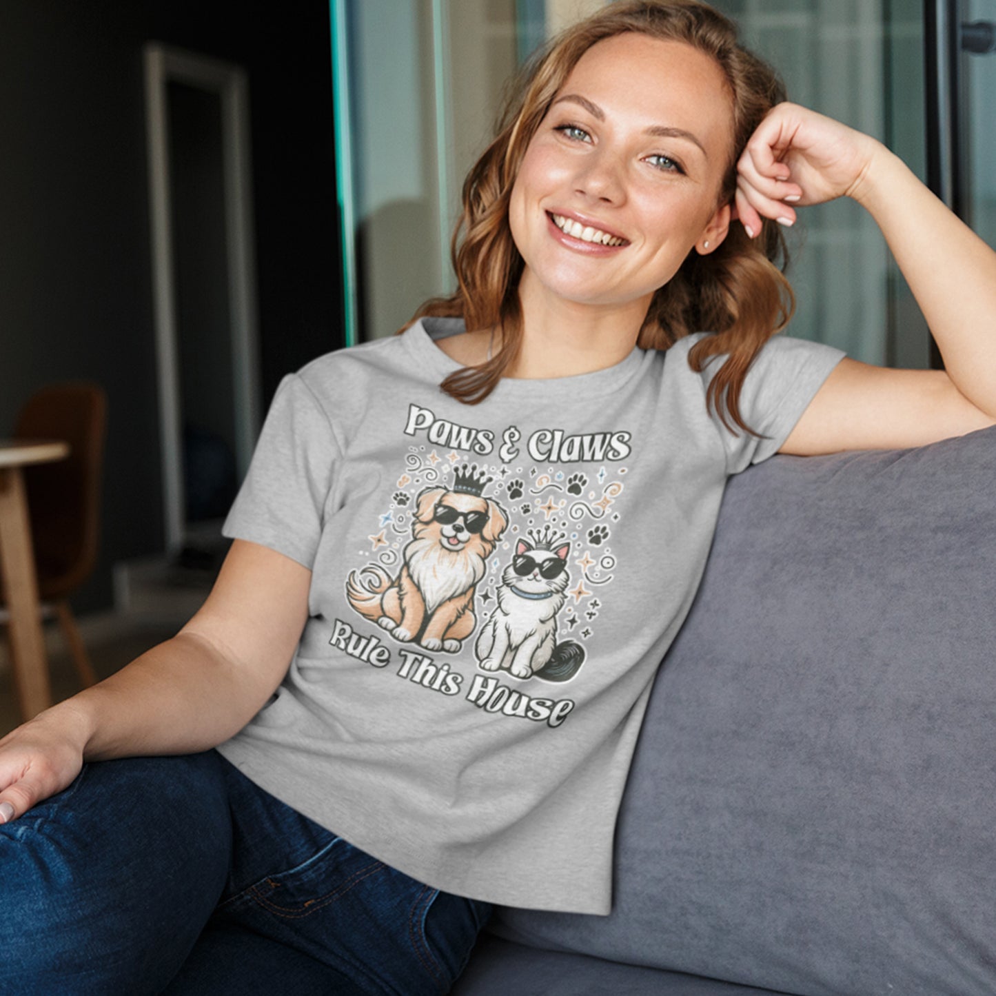 Paws and Claws Rule the House | Smiling Dog & Cat with Paw Shapes T-Shirt