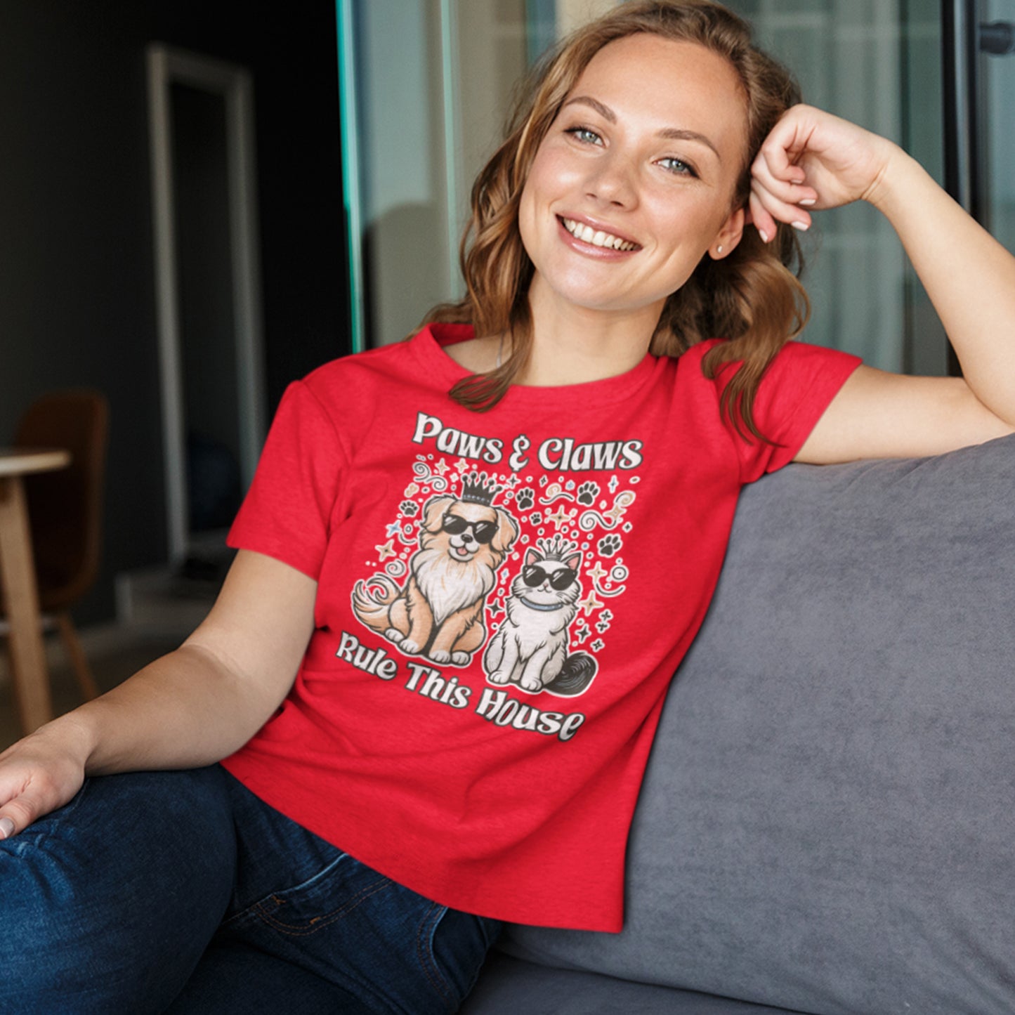 Paws and Claws Rule the House | Smiling Dog & Cat with Paw Shapes T-Shirt