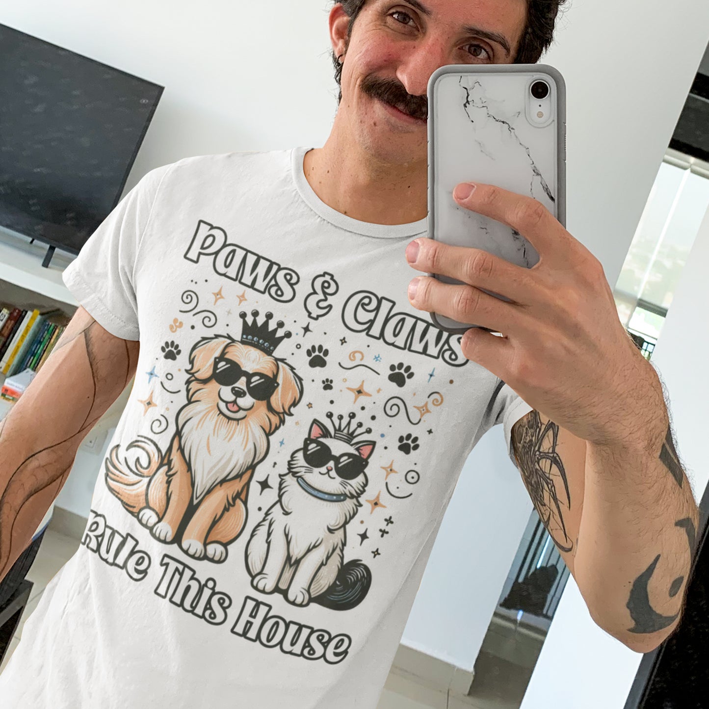 Paws and Claws Rule the House | Smiling Dog & Cat with Paw Shapes T-Shirt