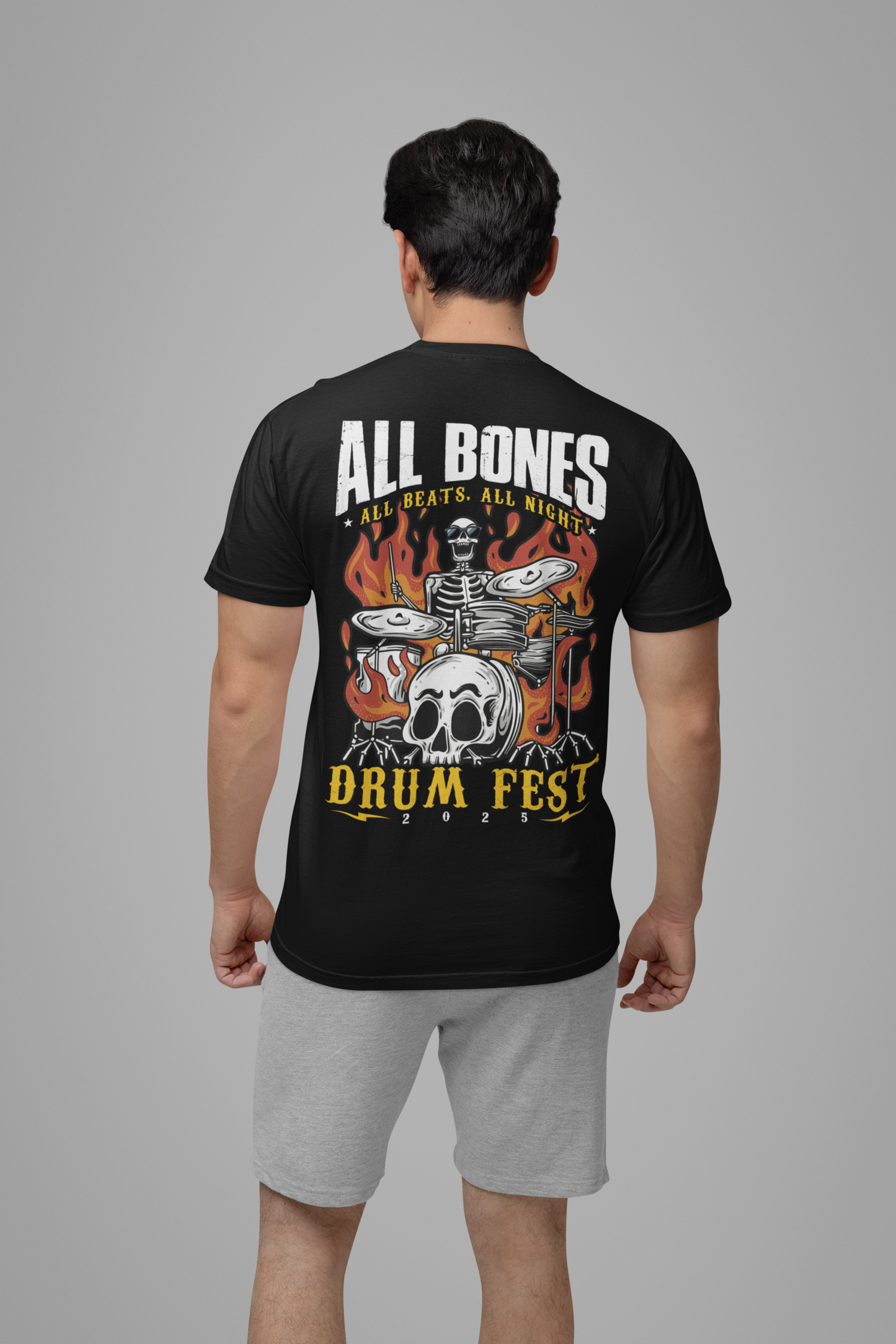 All Bones Drum Fest 2025 T-Shirt – Skeleton Drummer Fiery Rock Design