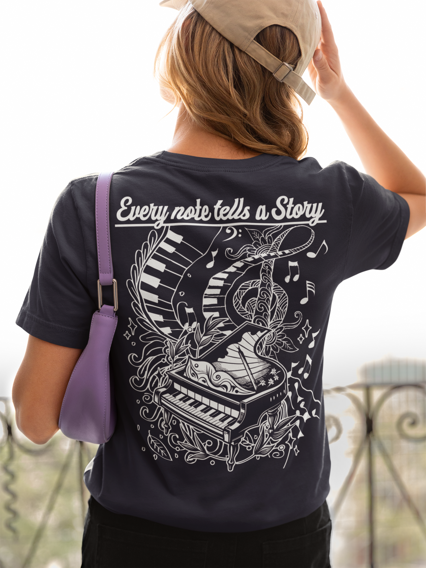 Grand Piano Story T-Shirt – Artistic Music Notes & Keys Graphic