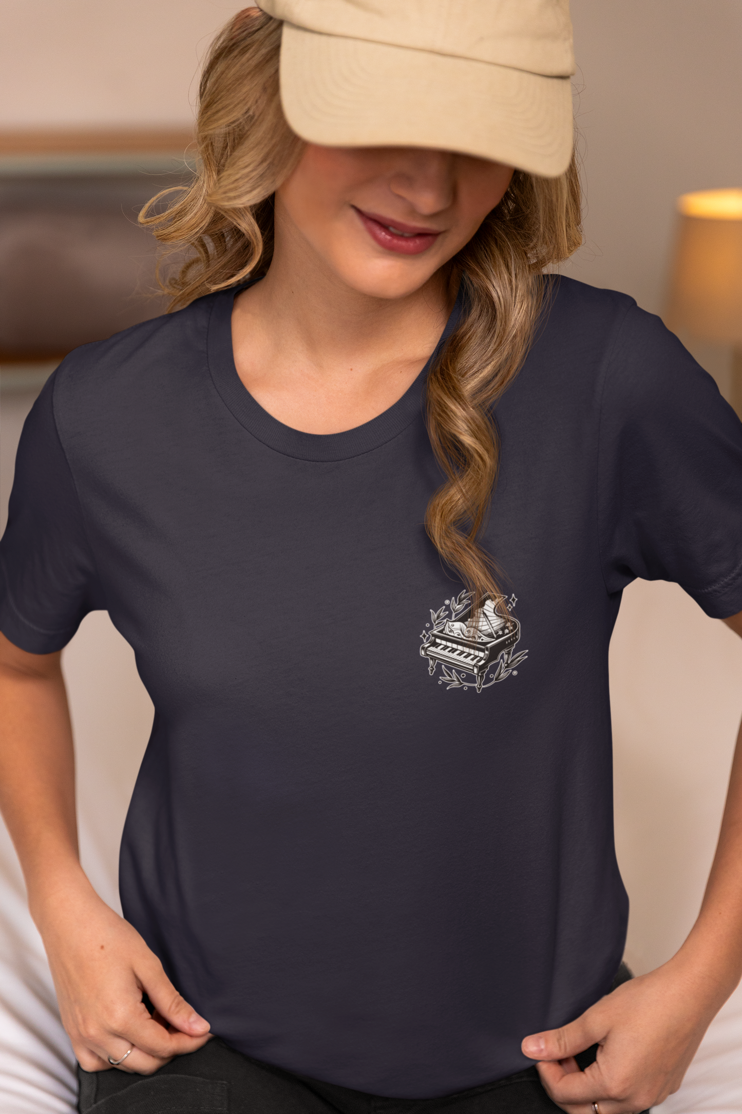 Grand Piano Story T-Shirt – Artistic Music Notes & Keys Graphic
