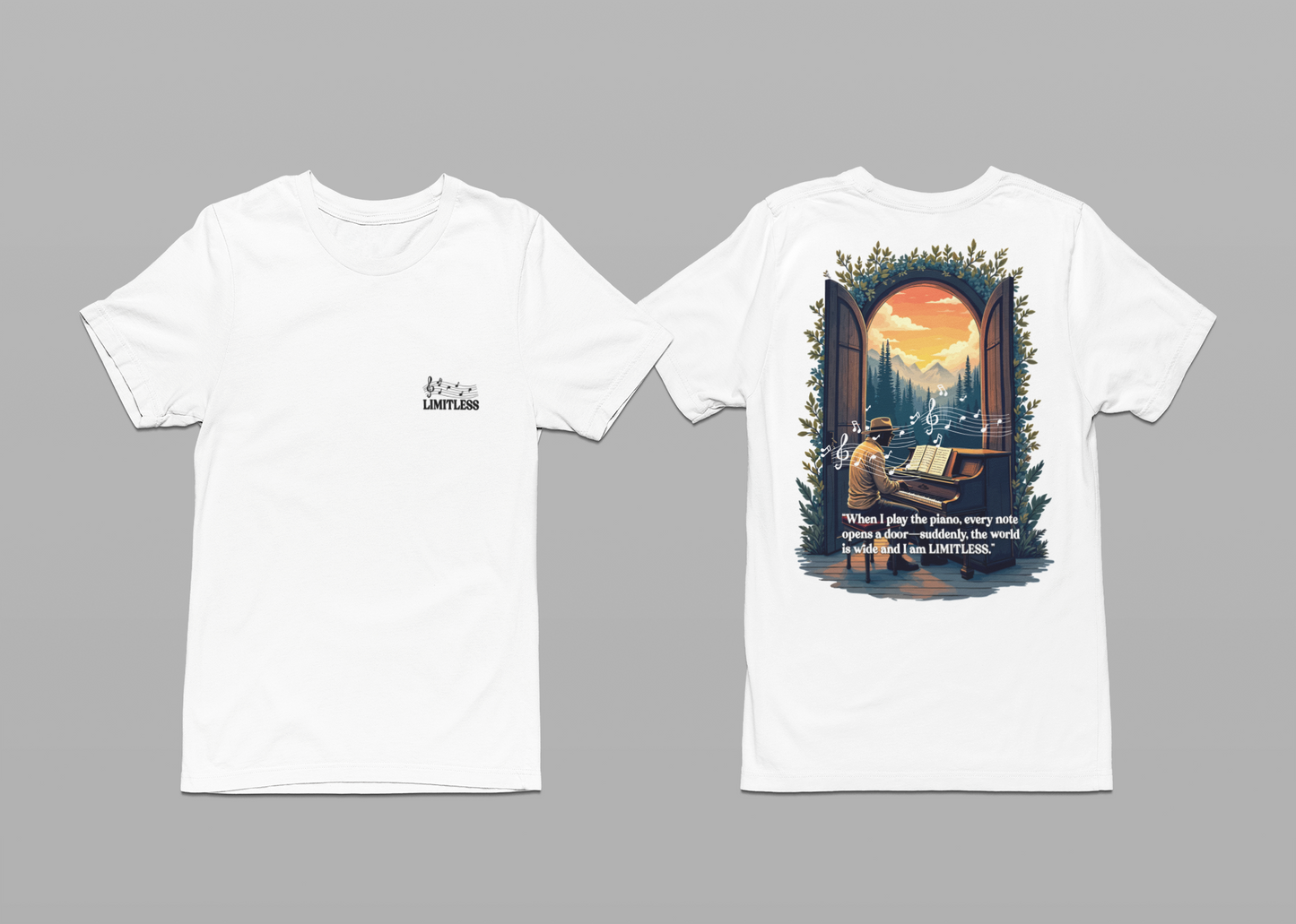 Limitless T-Shirt – Inspirational Piano and Nature Doorway Design