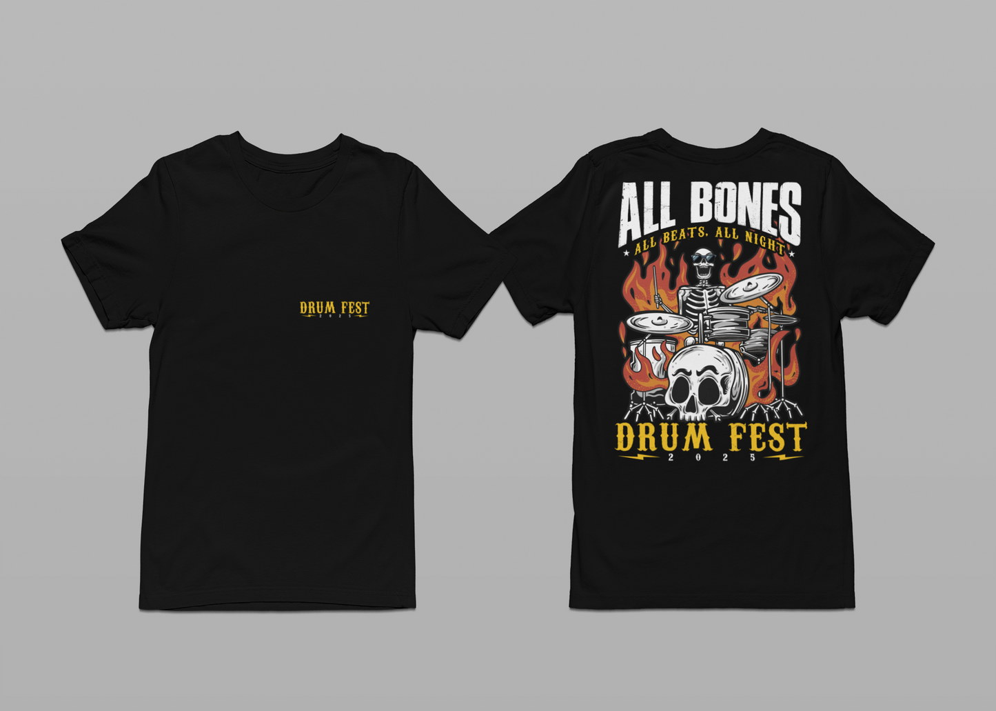 All Bones Drum Fest 2025 T-Shirt – Skeleton Drummer Fiery Rock Design