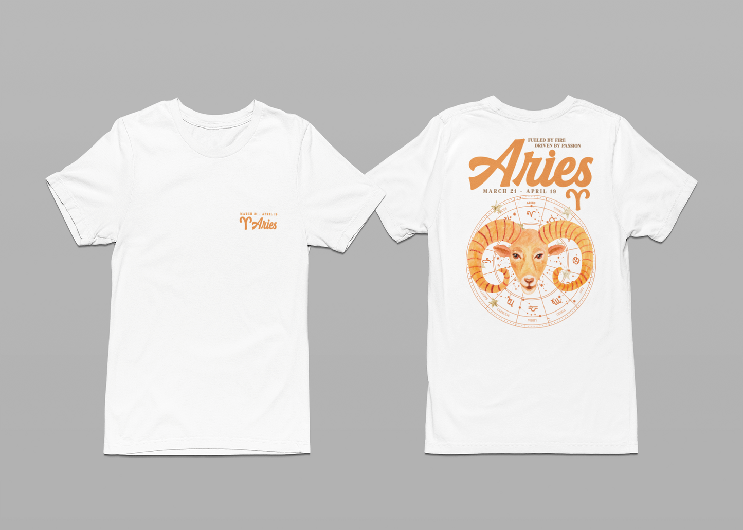 Aries Fueled by Fire T-Shirt – Ram Head with Zodiac Astrological Wheel