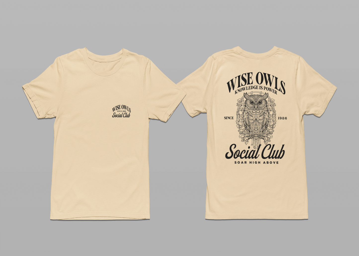 Wise Owl Social Club T-Shirt – Calm Owl on Branch with Empowering Text