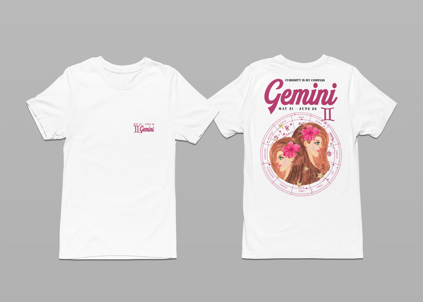 Gemini Curiosity Compass T-Shirt – Zodiac Twins with Astrological Wheel
