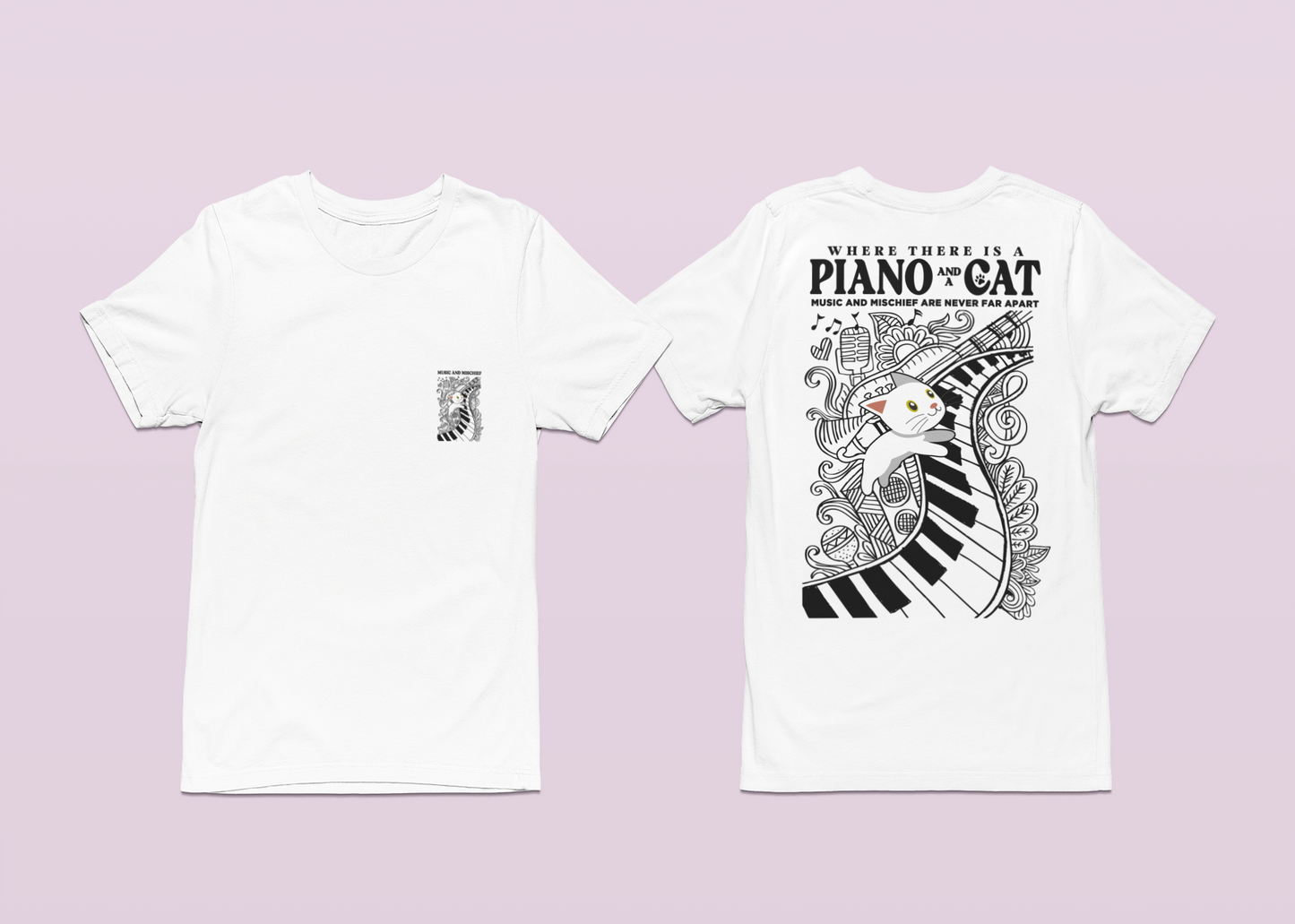 Music and Mischief T-Shirt – Piano and Playful Cat Graphic