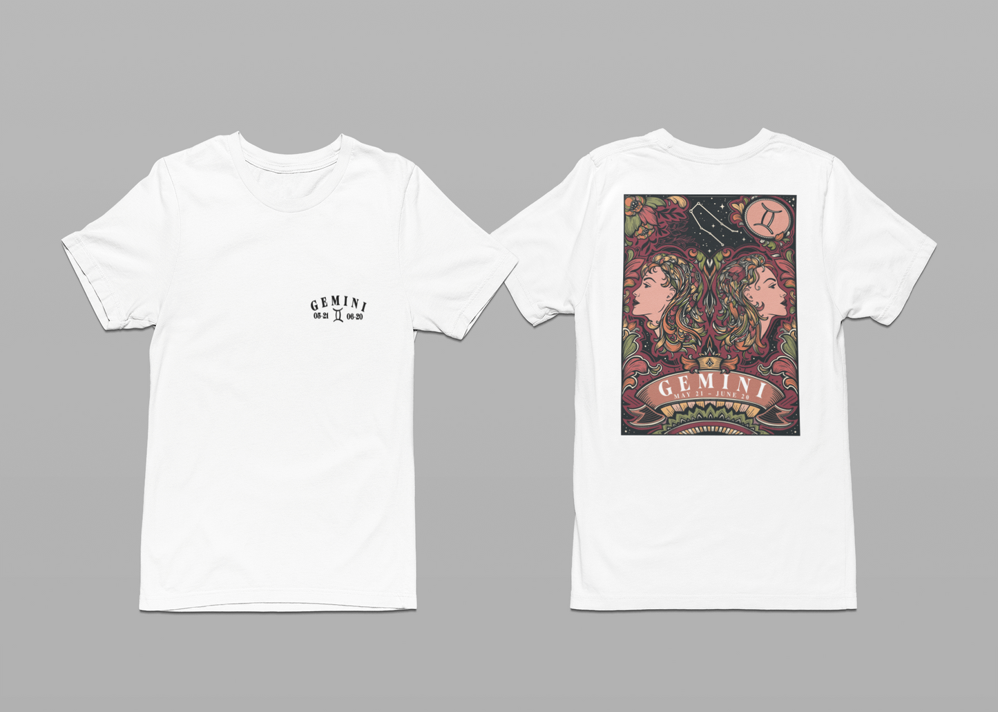 Gemini Zodiac T-Shirt – Ornate Twins with Constellation and Floral Design