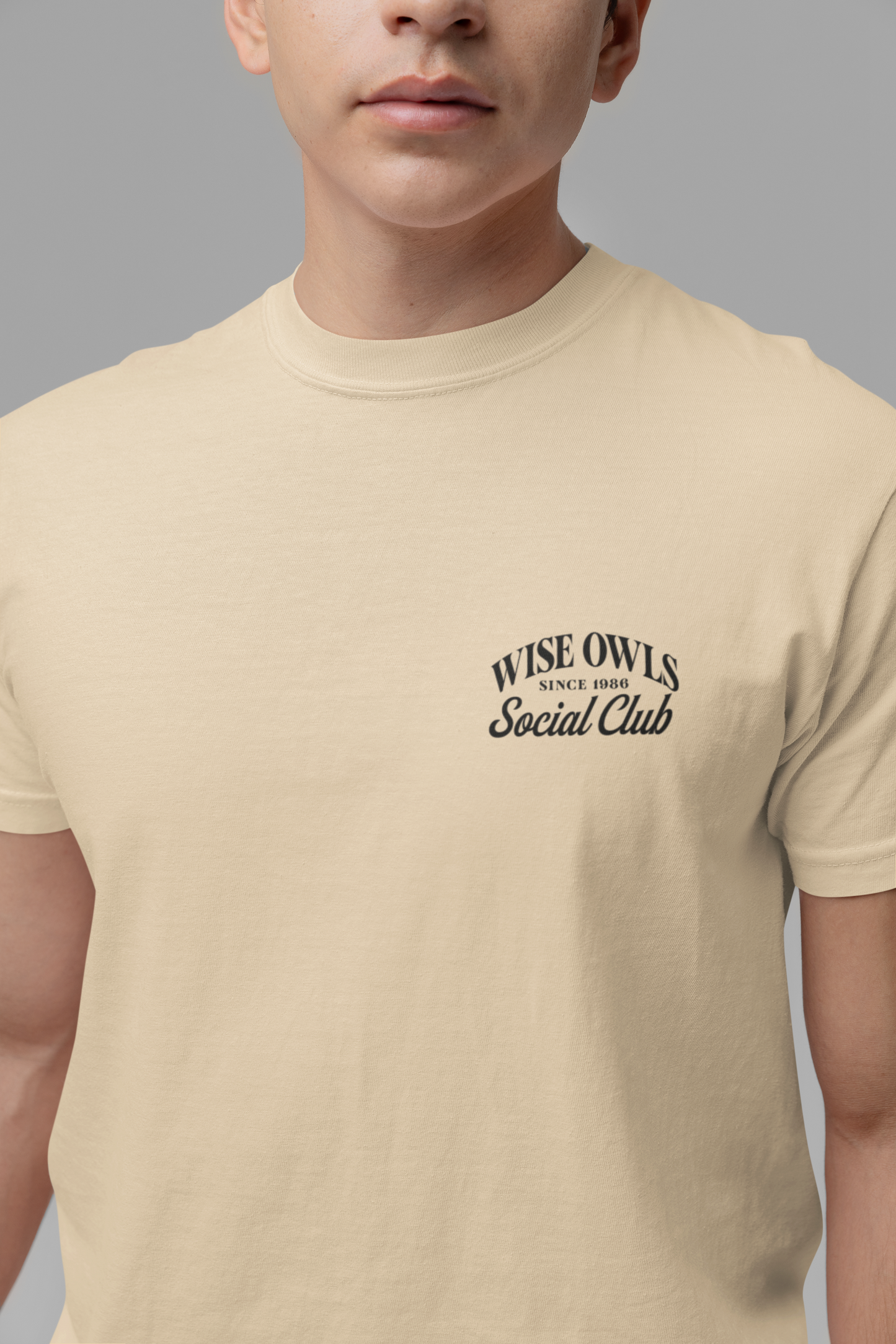 Wise Owl Social Club T-Shirt – Calm Owl on Branch with Empowering Text