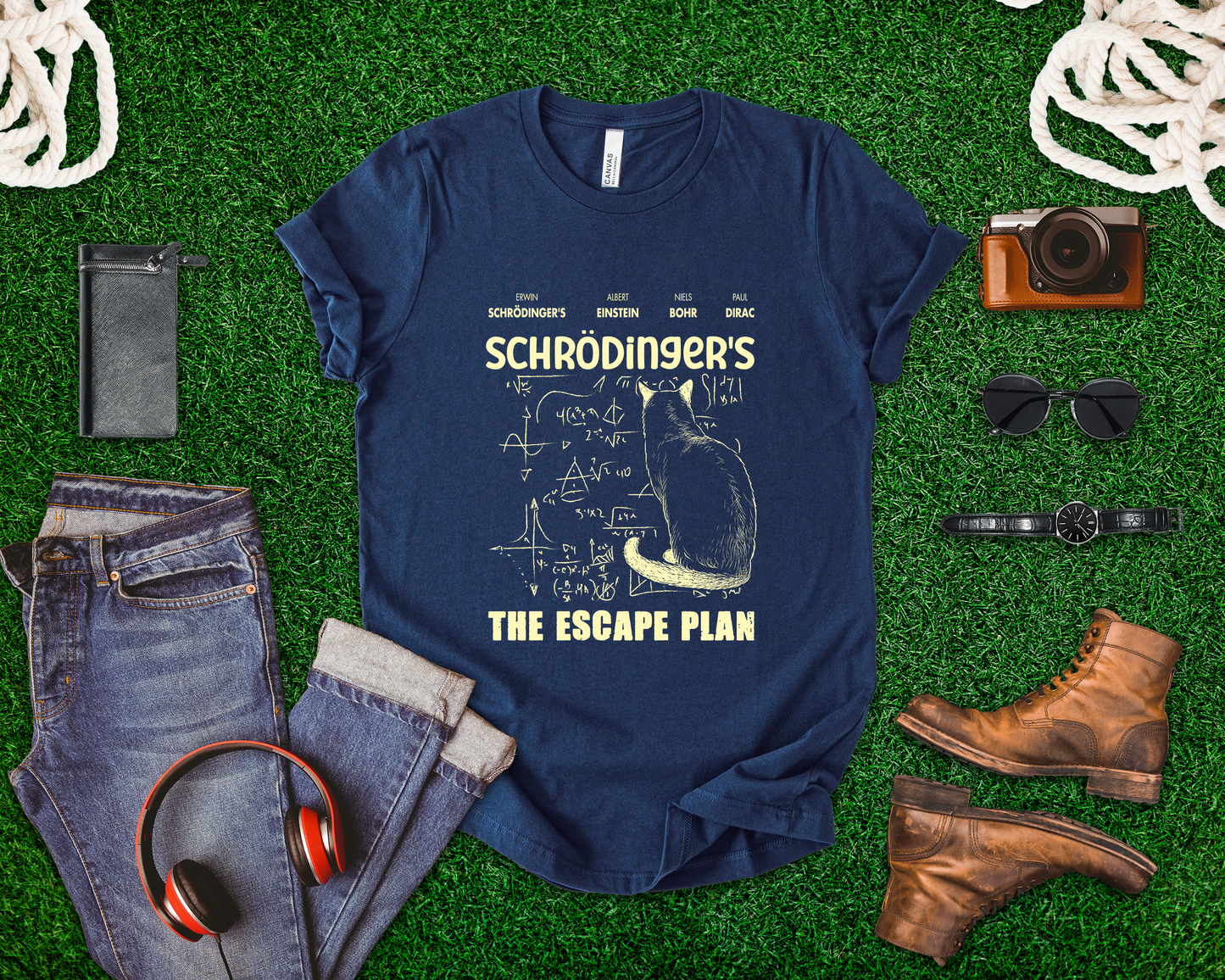Physics Cat T-Shirt – Schrödinger’s Escape Plan Math Graphic
