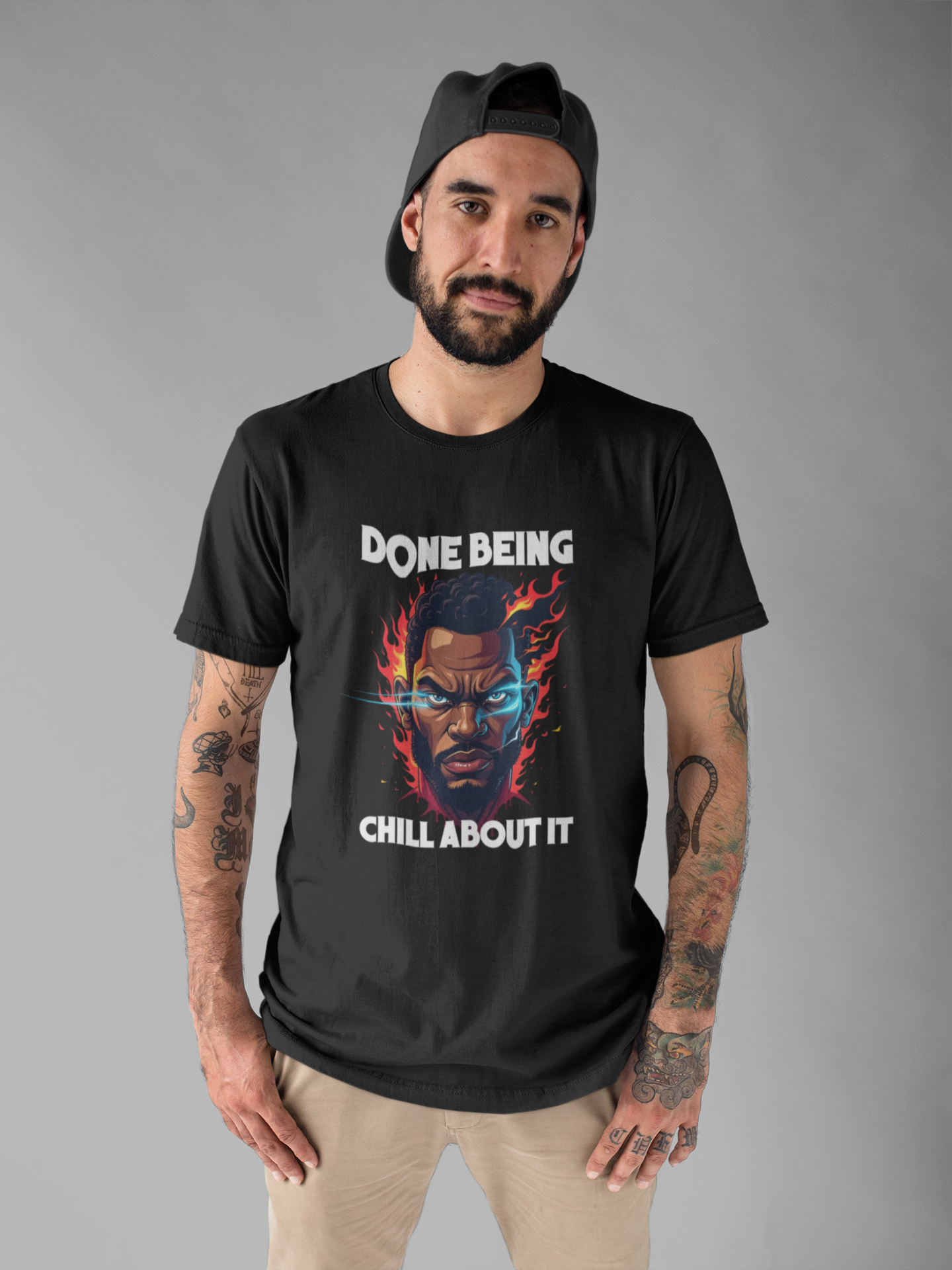 Done Being Chill About It – Serious human face with Fire Background Graphic T-Shirt