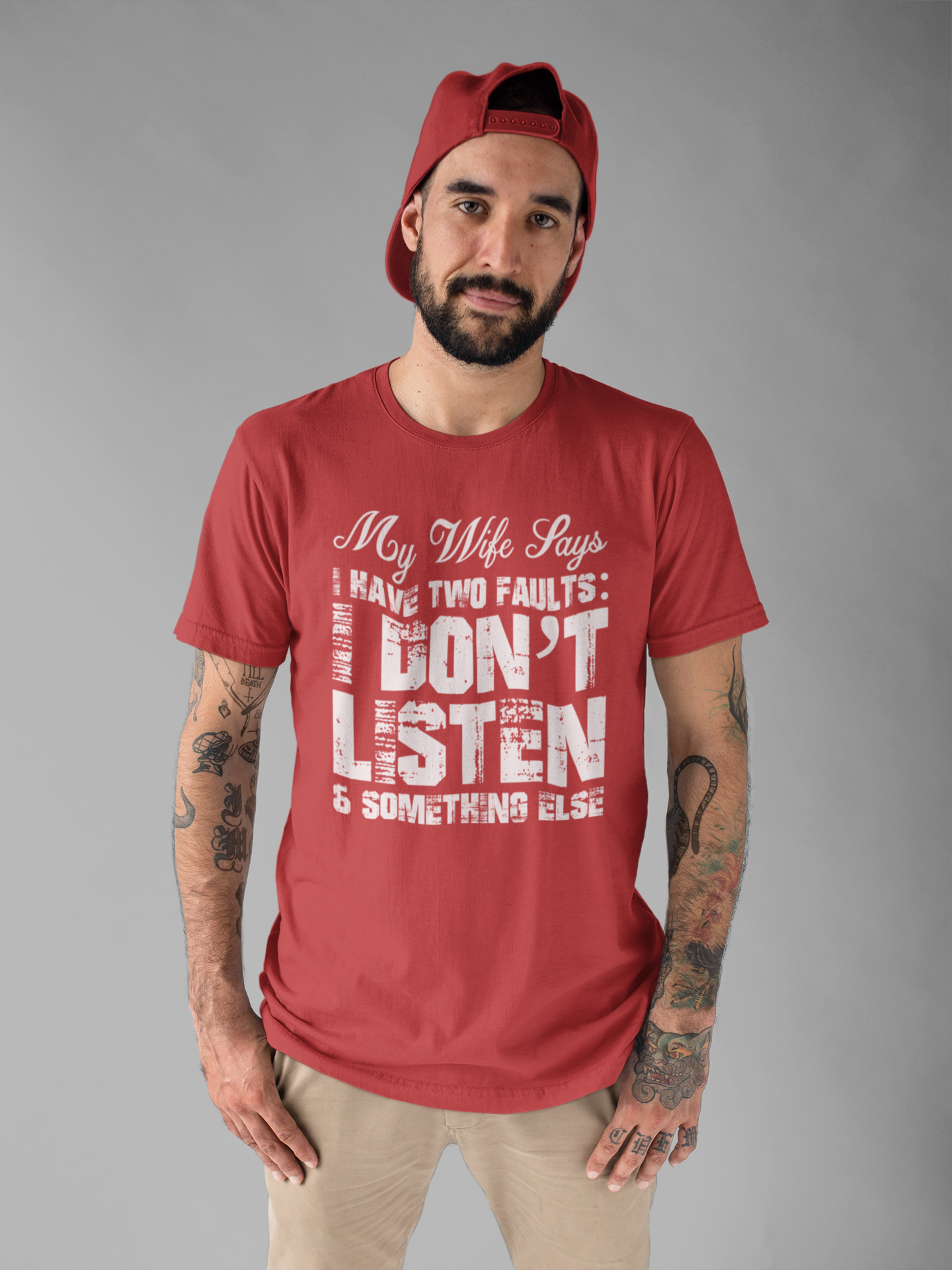 Funny Husband T-Shirt – My Wife Says I Have TWO Faults Shirt