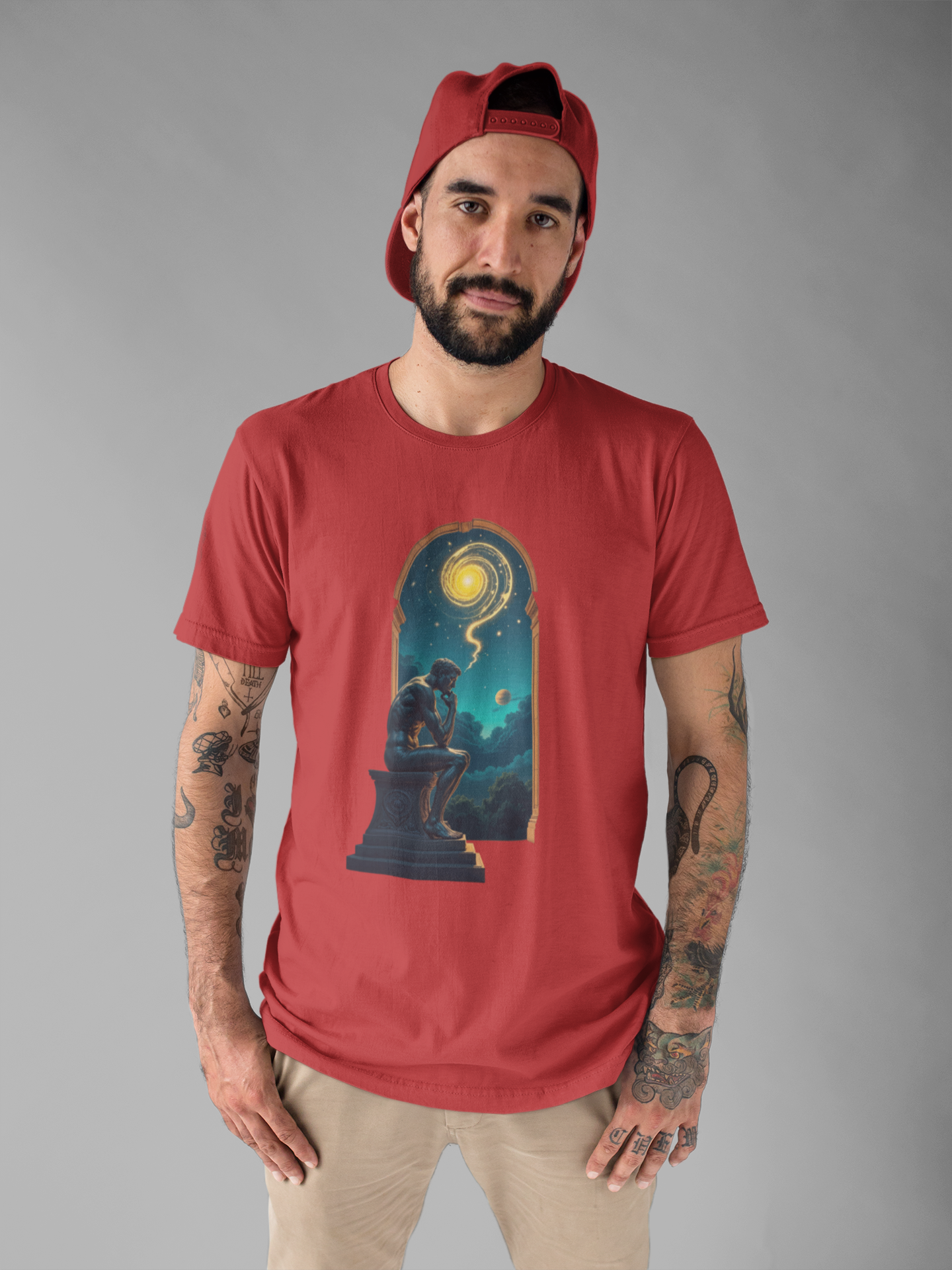 Muscular Statue Deep in Thought on Stage with Scenic Window View Graphic T-Shirt