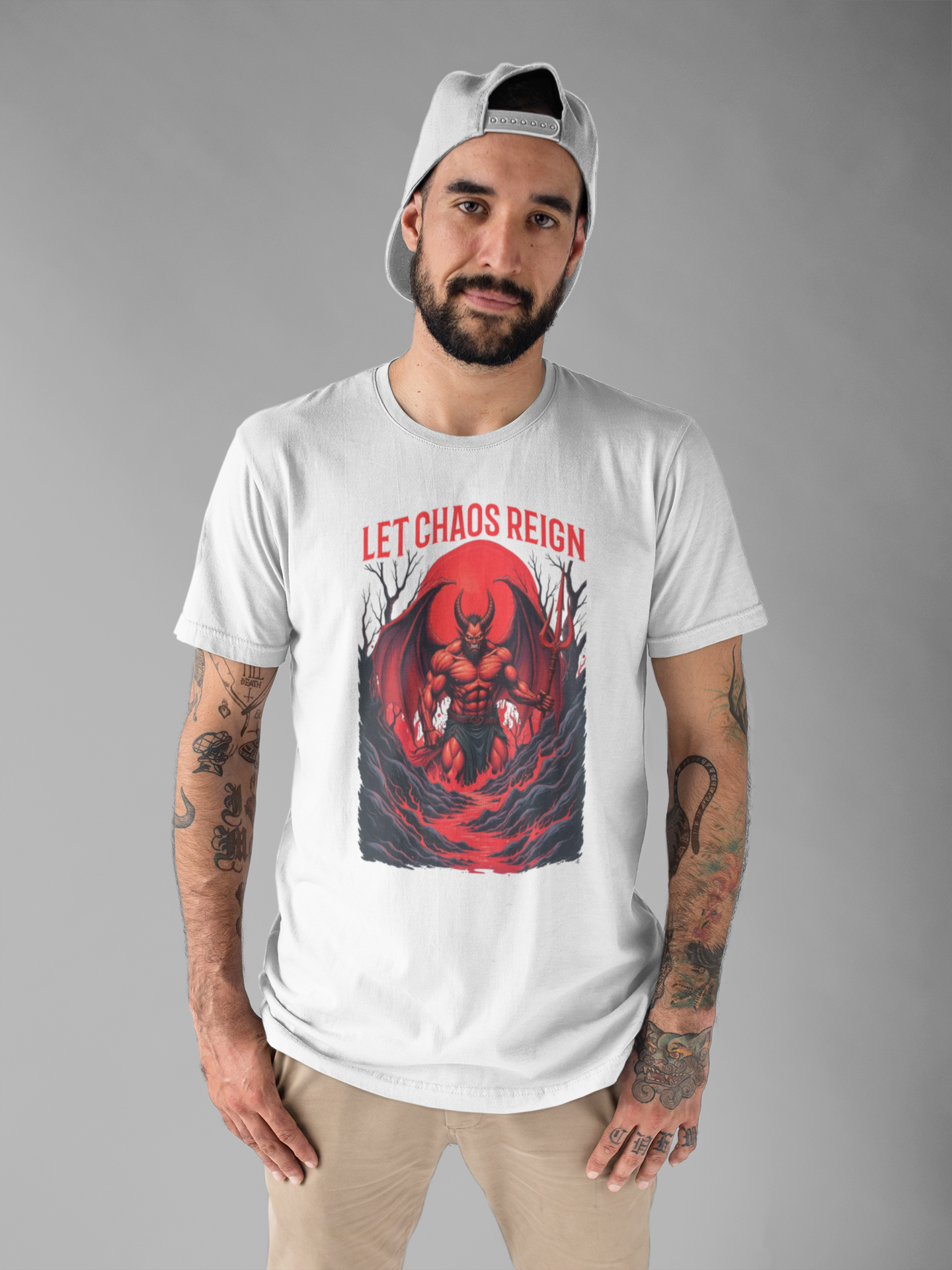 Let Chaos Reign – Fierce Beast with Wings on Fiery under Red Moon Graphic T-Shirt