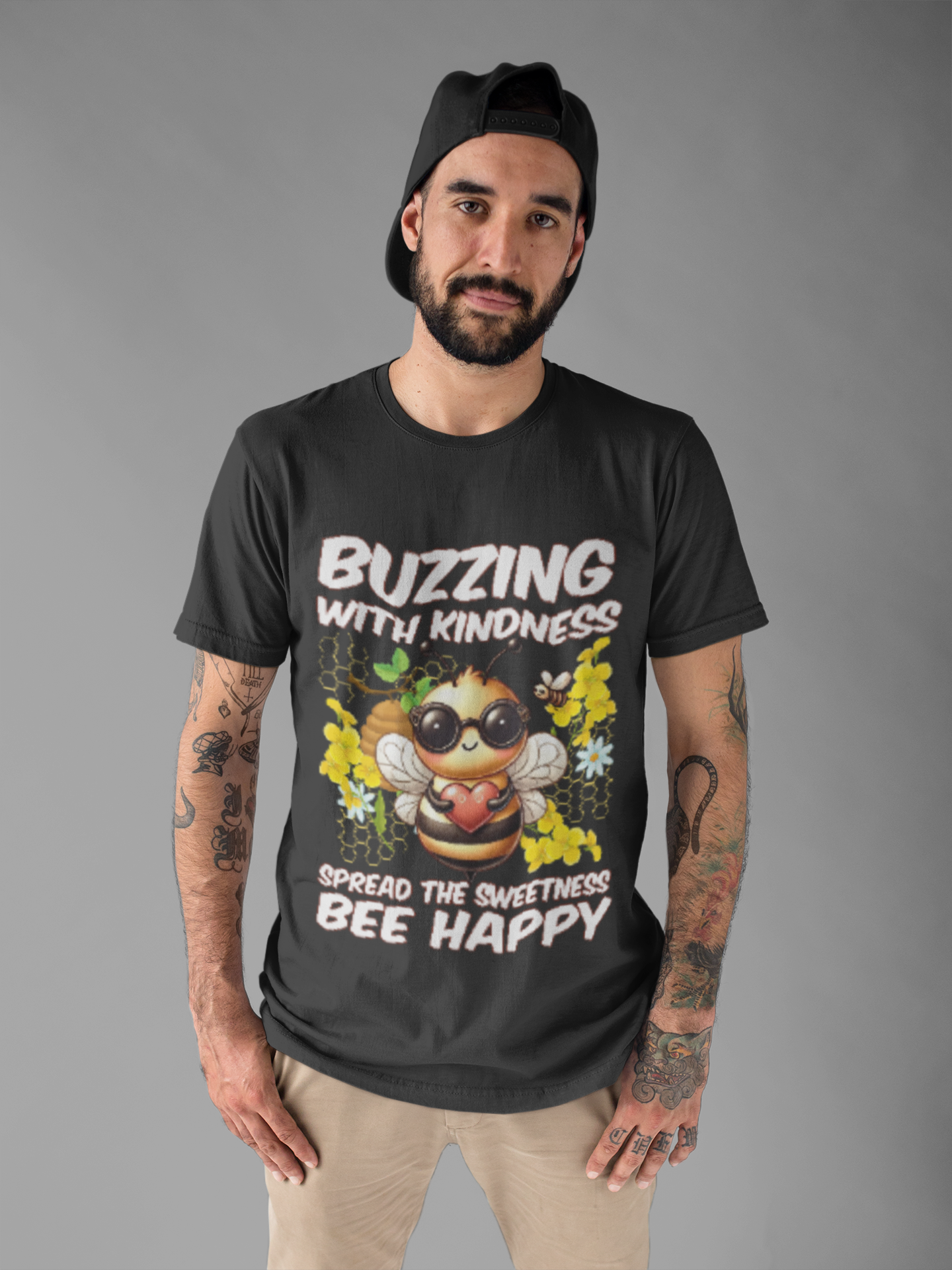 Buzzing with Kindness, Spread the Sweetness, Be Happy | Large Bee & Flowers Graphic T-Shirt