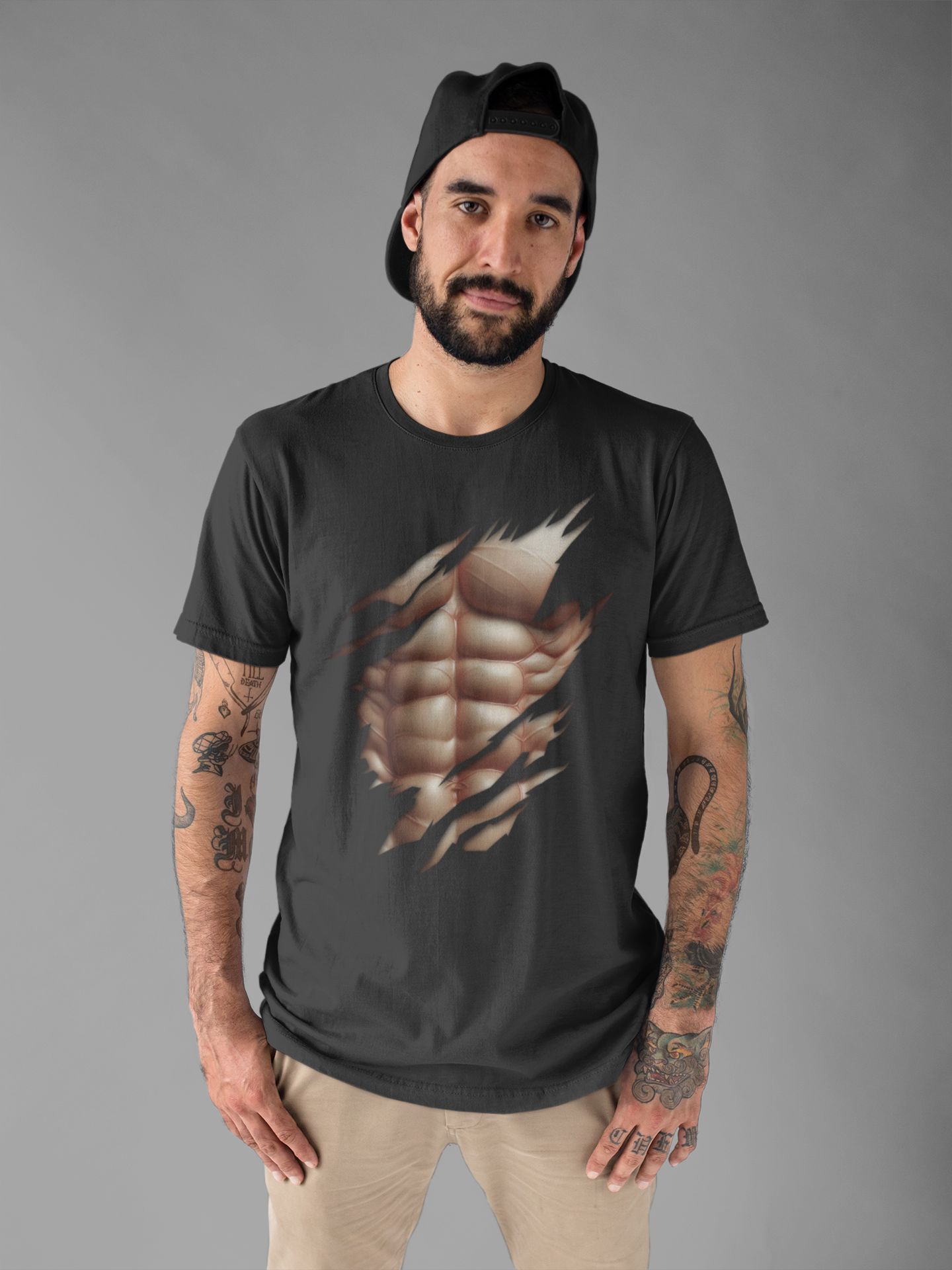 Fake Muscles Ripped Chest Six Pack Abs Funny Costume T-Shirt