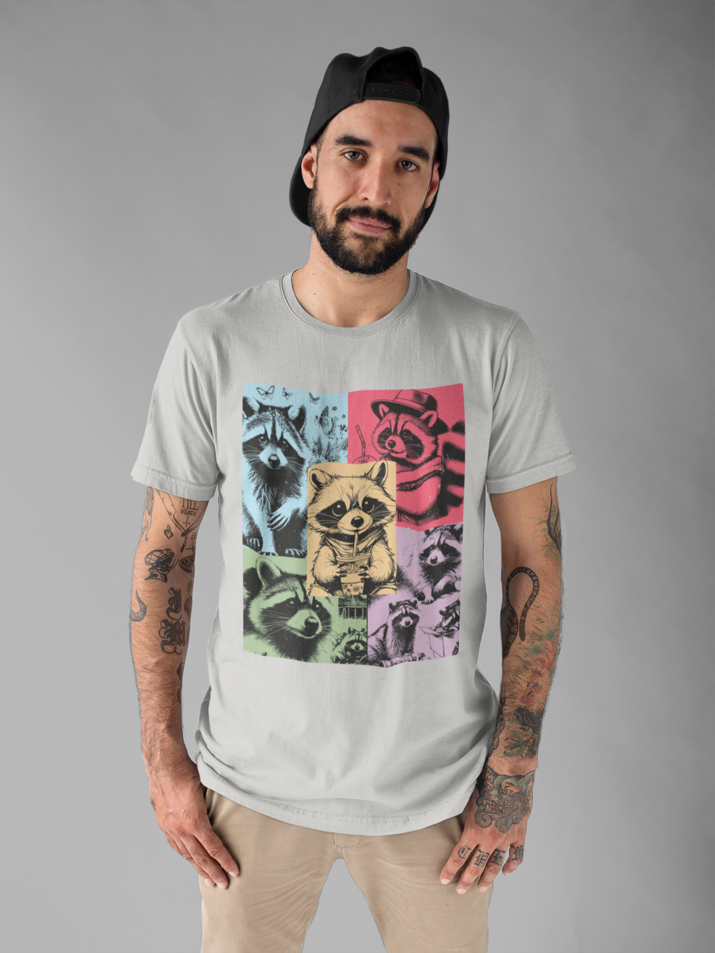Colorful Raccoons T-Shirt – Playful Multi-Color Raccoons with Sipping Raccoon Graphic