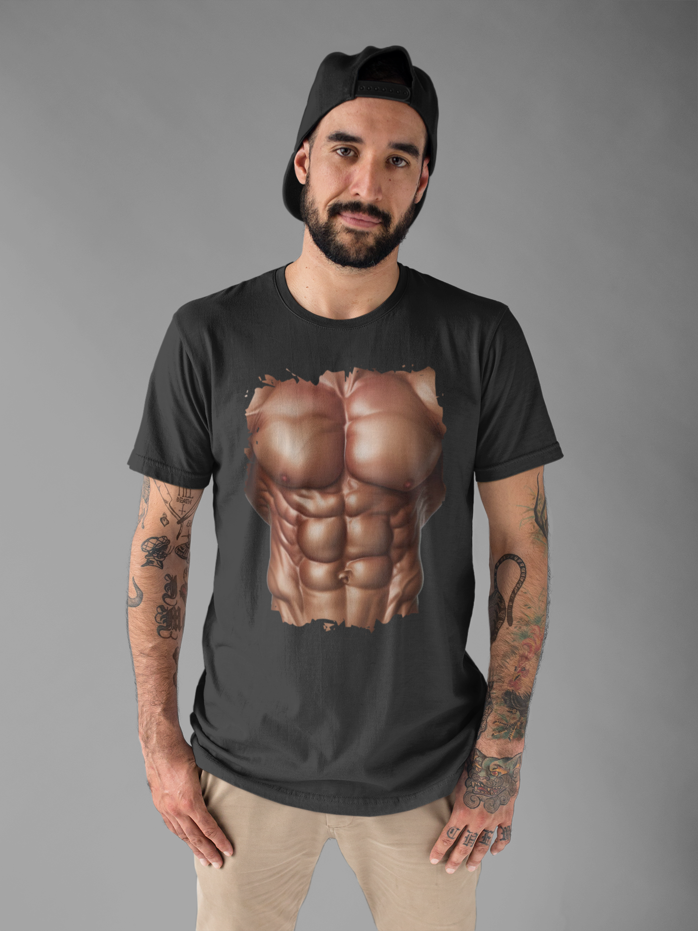 Chest Six Pack Abs Shirt, Muscles Bodybuilder Tee, Printed Gym T Shirt, Fitness Buff Costume Apparel, Fake Abs Funny Graphic Top