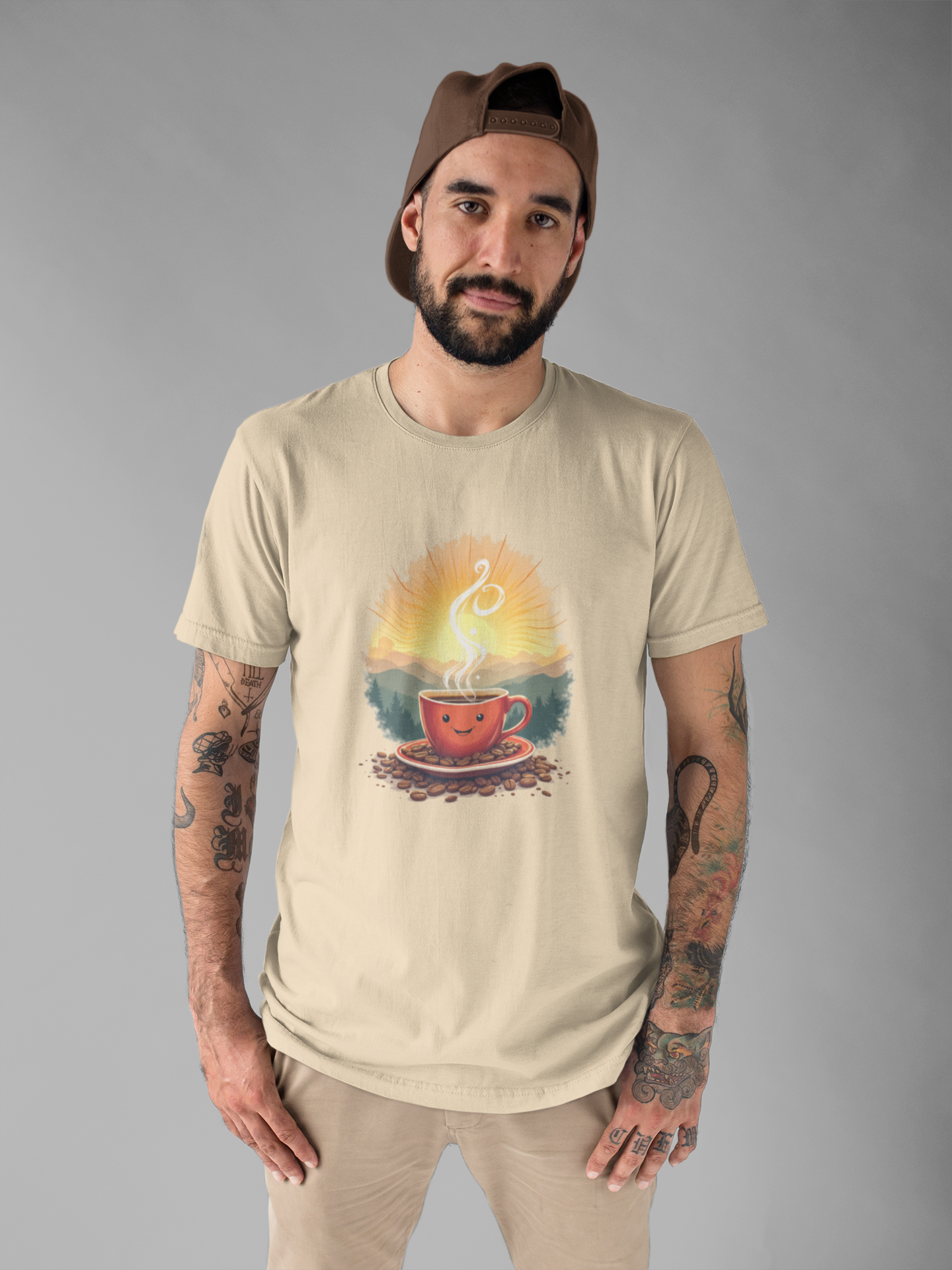 Sunrise Coffee Cup with Coffee Beans and Radiant Morning Glow Graphic T-Shirt