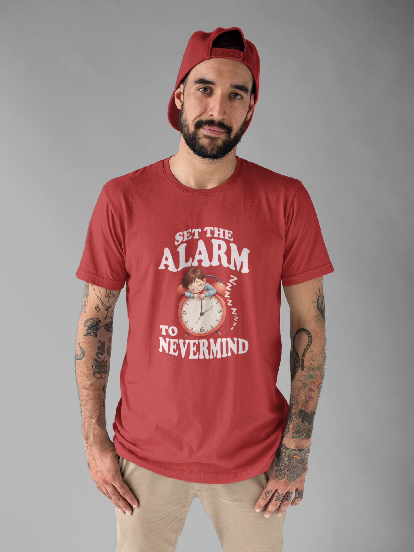 Set the Alarm to Never Mind – Sleeping Boy on Alarm Clock Graphic T-Shirt