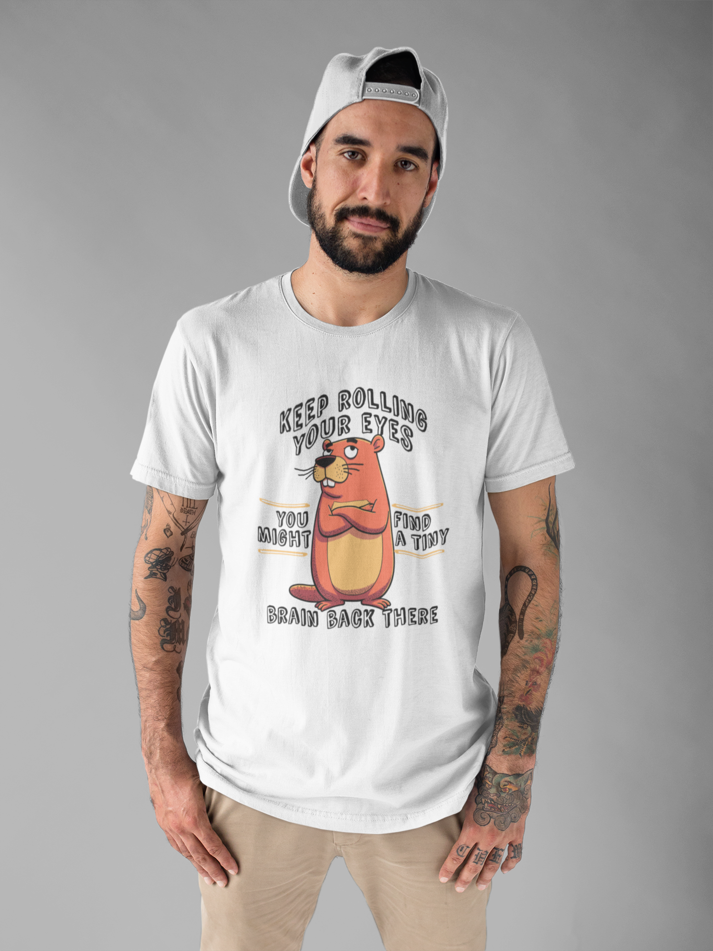 Keep Rolling Your Eyes Tshirt – Funny Beaver with Folded Arms and Weird Face Graphic