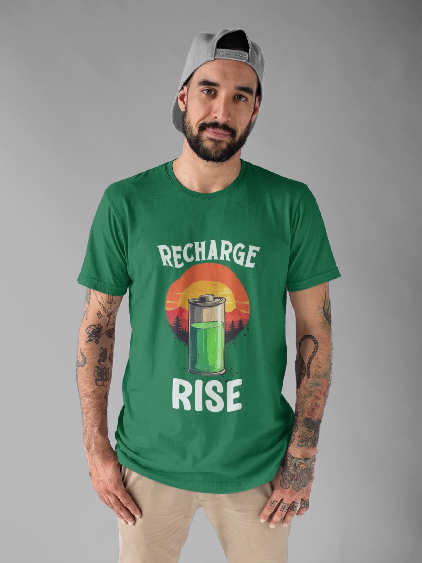Recharge and Rise T-Shirt – Motivational Battery and Sunrise Graphic Tee