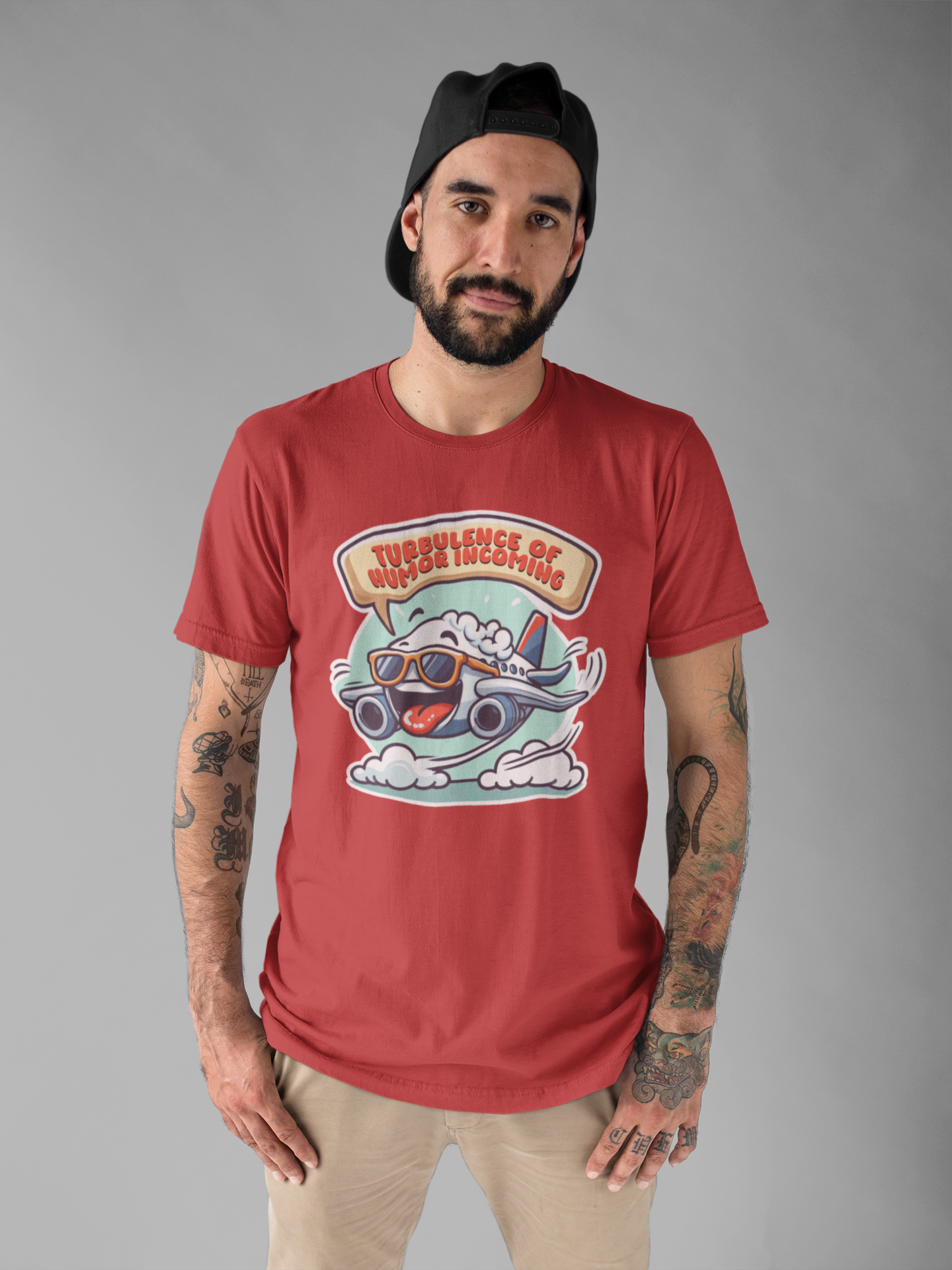 Turbulence of Humor Coming | Flight Landing with Smiling Face & Sunglasses Graphic T-Shirt