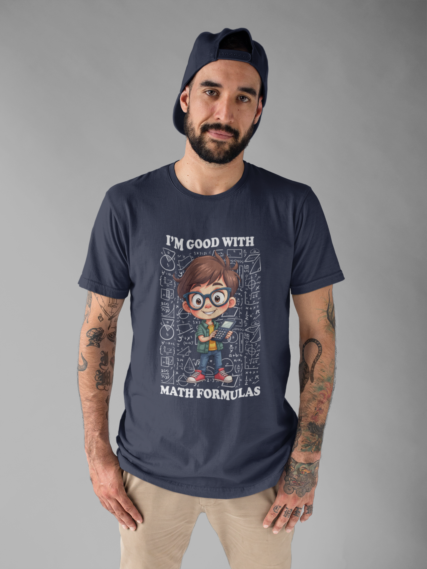 I'm Good with Math Formulas Tshirt – Happy Boy with Calculator and Math Diagrams