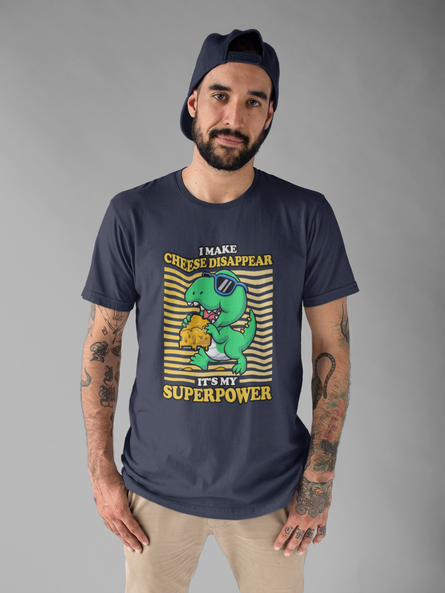 I Make Cheese Disappear T-Shirt – Cool Dinosaur With Sunglasses Running Away Humor Graphic Tee