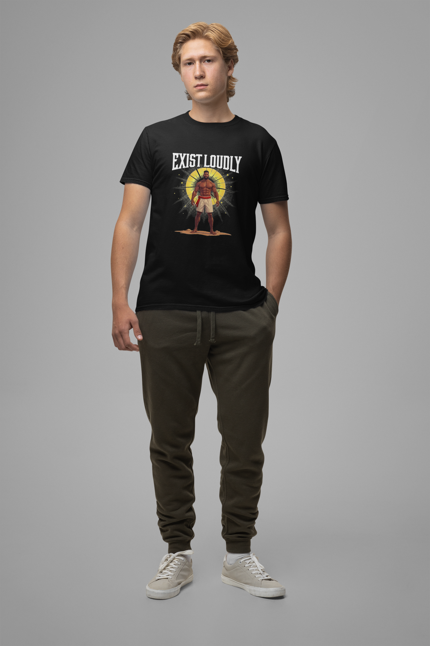 Exist Loudly – Strong Muscular Man with Red Belt & Glowing Light Graphic T-Shirt