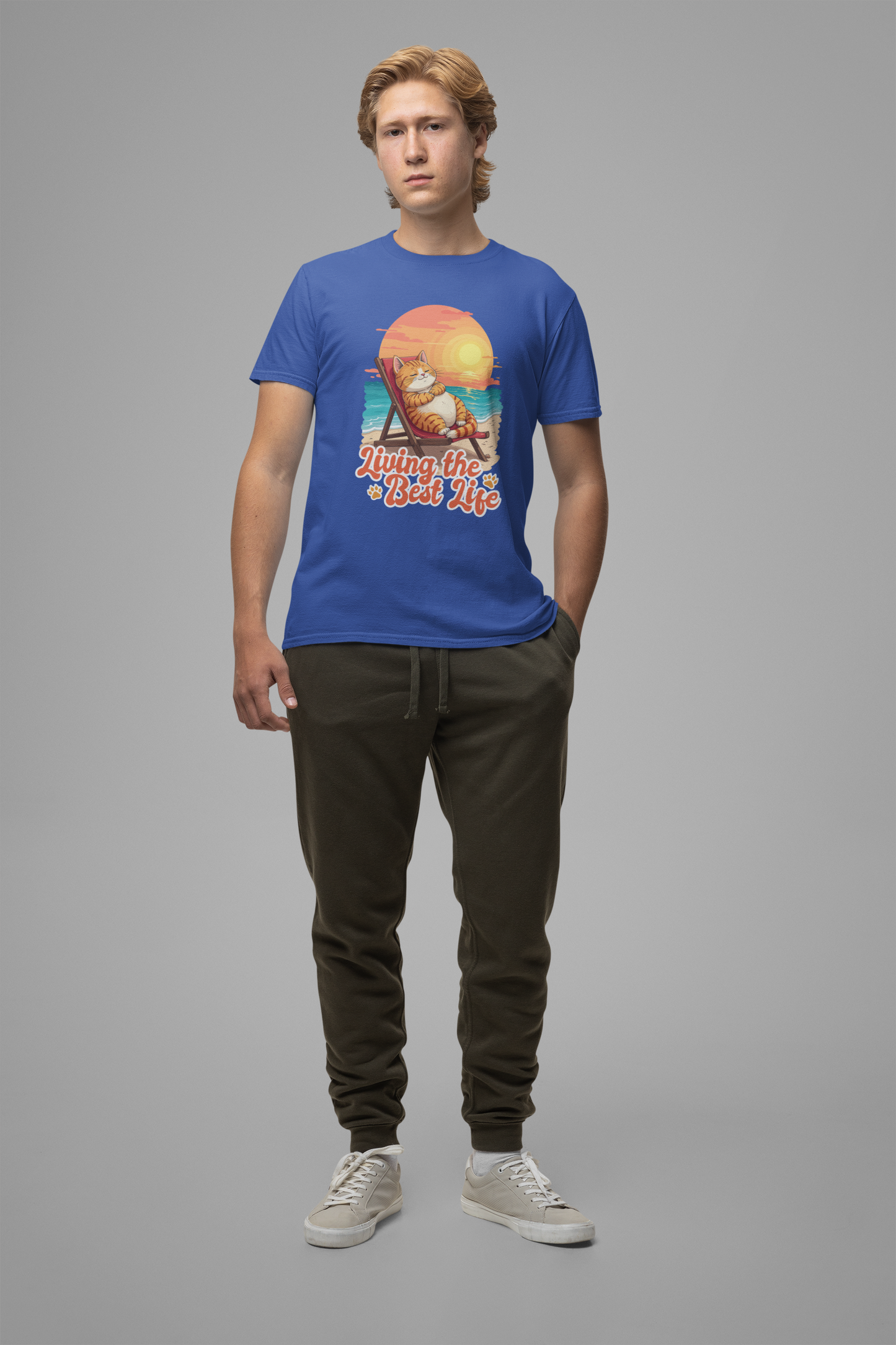 Lazy Life- Living the Best Life – Fat Cat Reclining Chair Beach Sunset Graphic T-Shirt