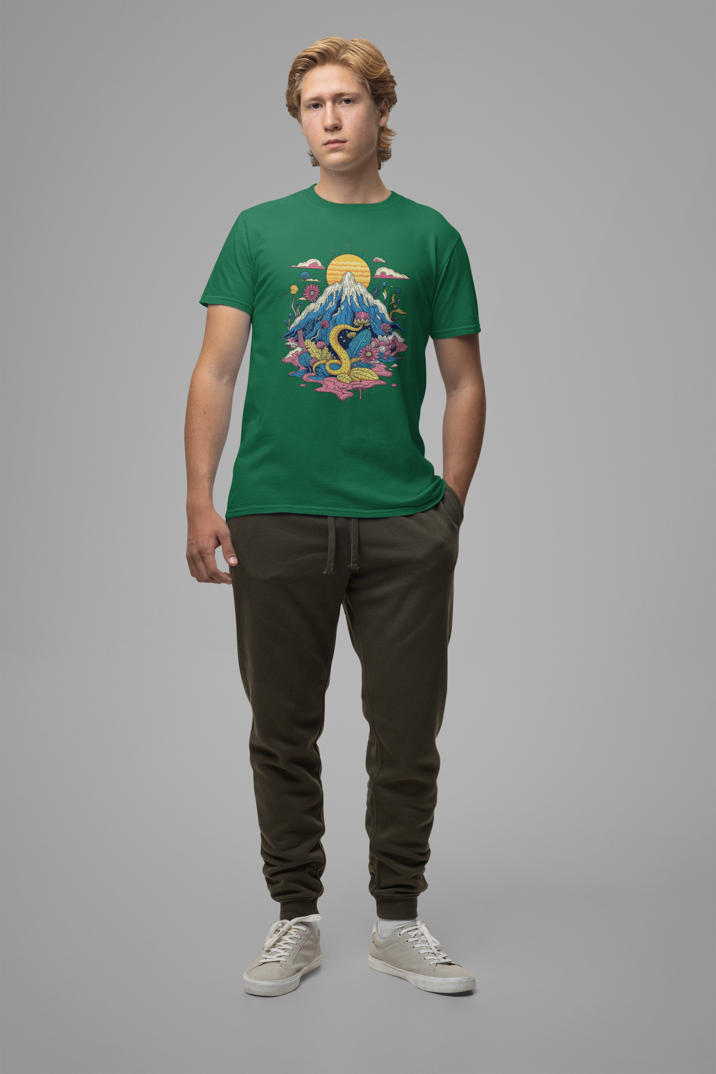 Psychological Jungle Mountain – Psychedelic Sun and Jungle Landscape Graphic T-Shirt