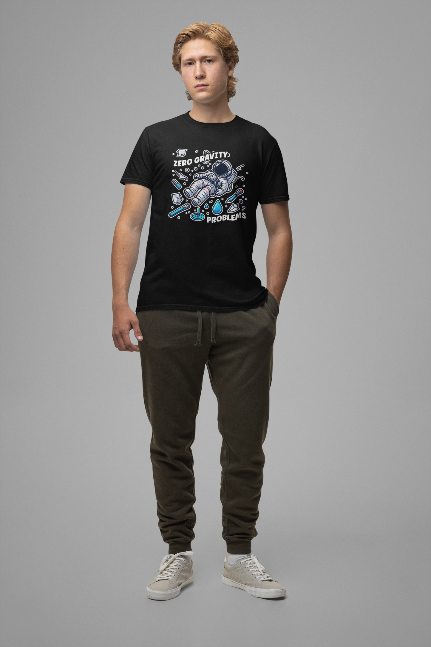 Zero Gravity Problems Astronaut Tshirt – Floating in Space with Everyday Objects