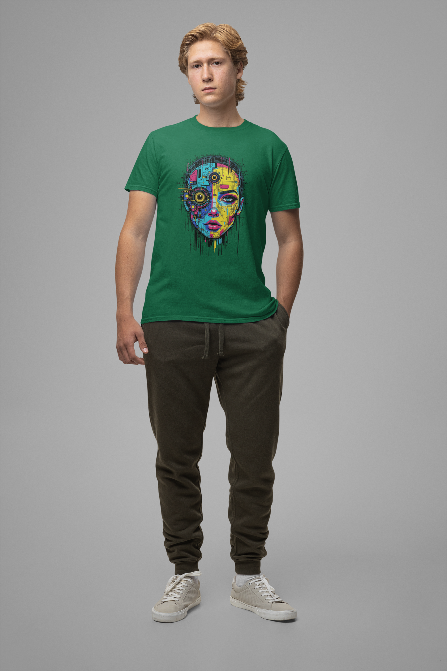Third Eye Glitch – Robotic Woman with Circuit Face and Three Eyes Graphic T-Shirt