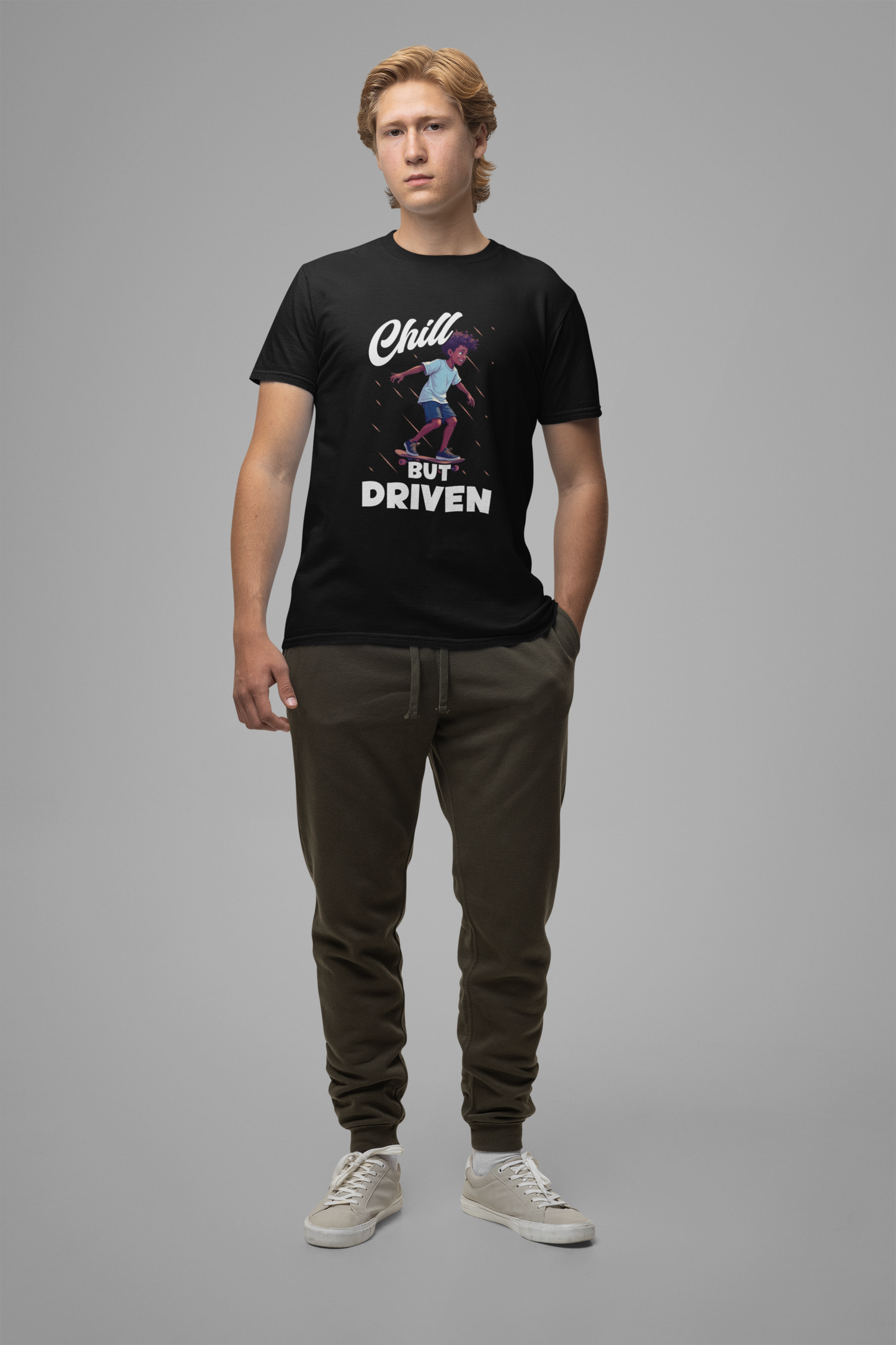 Chill but Driven – Happy Boy on Skateboard Graphic T-Shirt