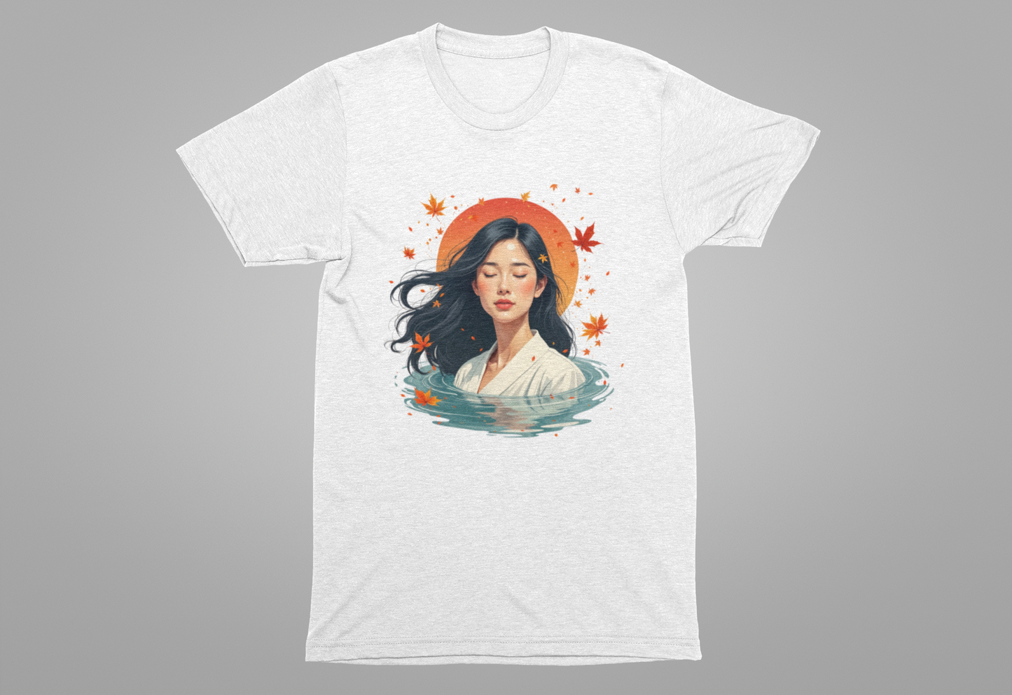 Serene Woman in White Dress Chest-Deep in Water with Sunset and Falling Leaves Graphic T-Shirt