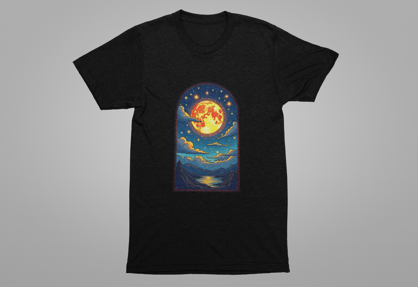 Castle Window View of Glowing Full Moon with Reflection and Stars Graphic T-Shirt