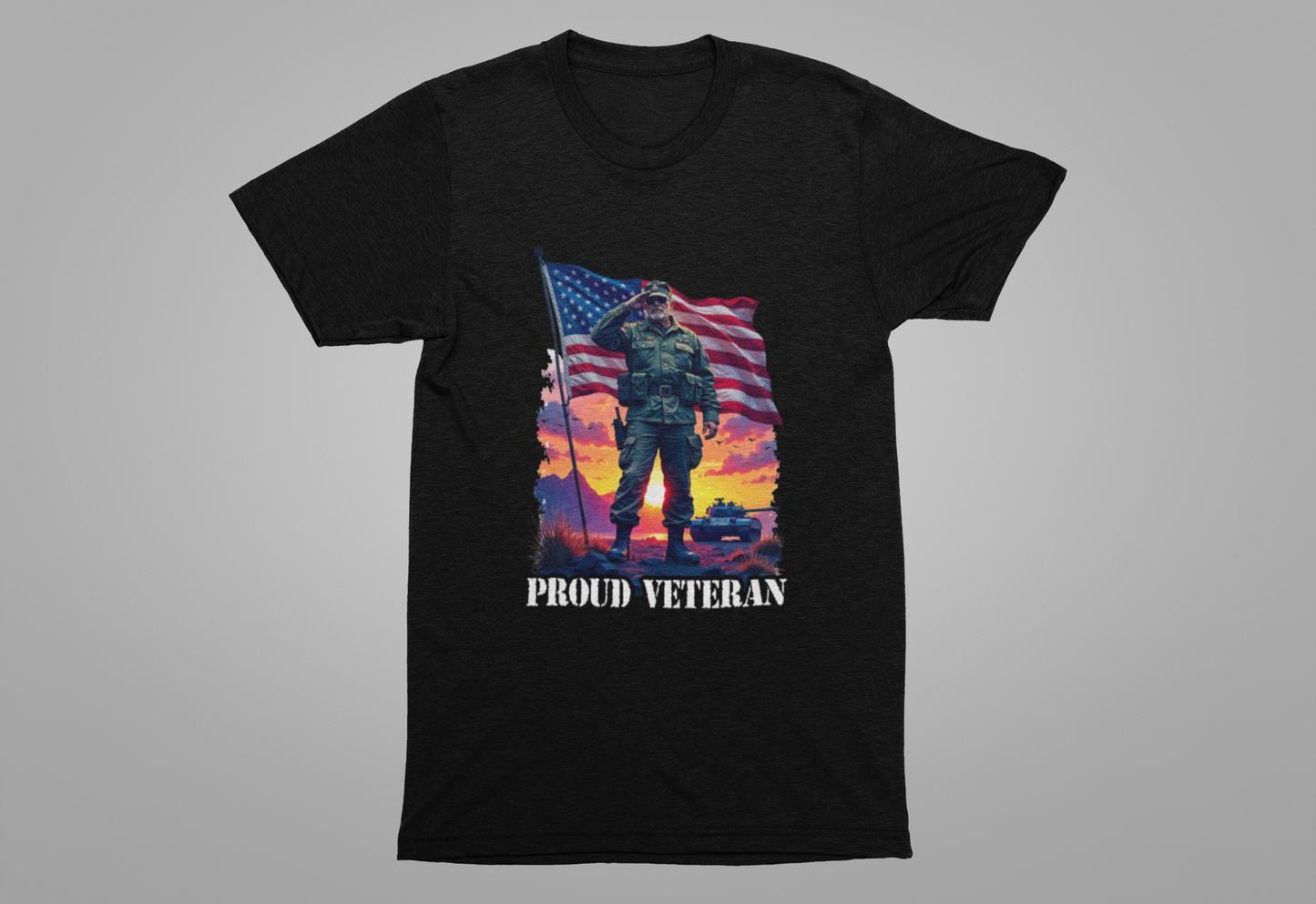 Proud Veteran | US Flag, Saluting Soldier & Tank T-Shirt