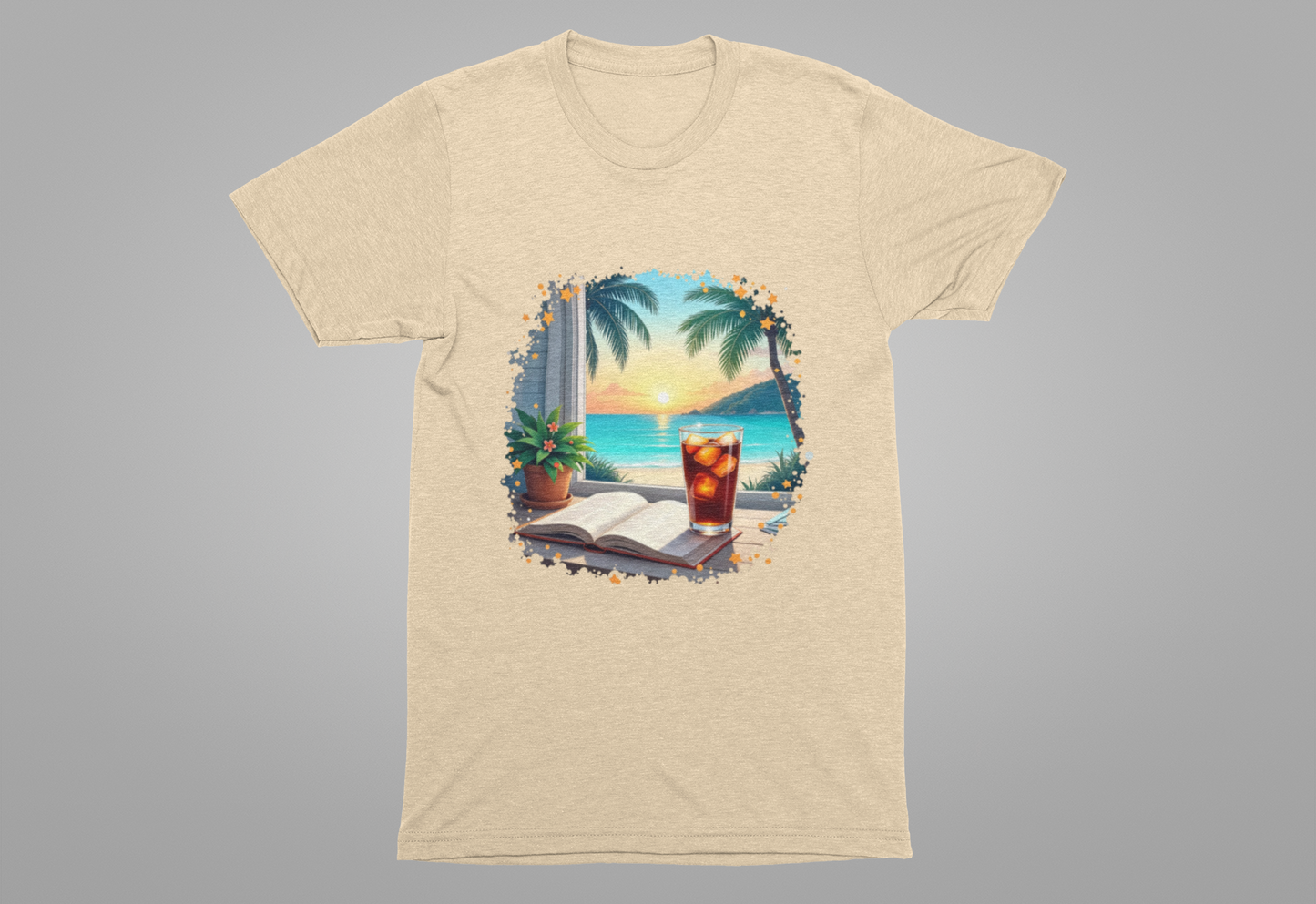 Romanticize Everything - Beachside Serenity – Table with Book, Drink & Flower Pot by Window Graphic T-Shirt