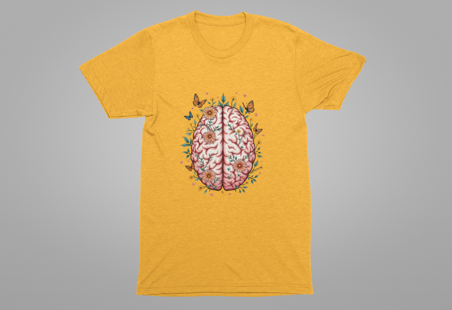 Human Brain with Flowers and Butterflies Tshirt – Artistic Floral Brain Graphic