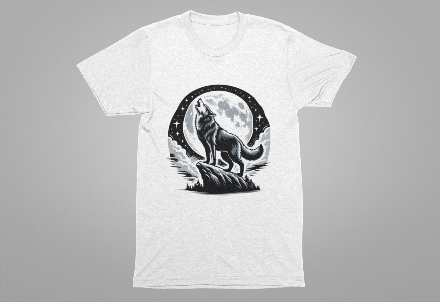 Mystical and Wild - Wolf Howling on Mountain Edge with Full Moon and Stars Graphic T-Shirt