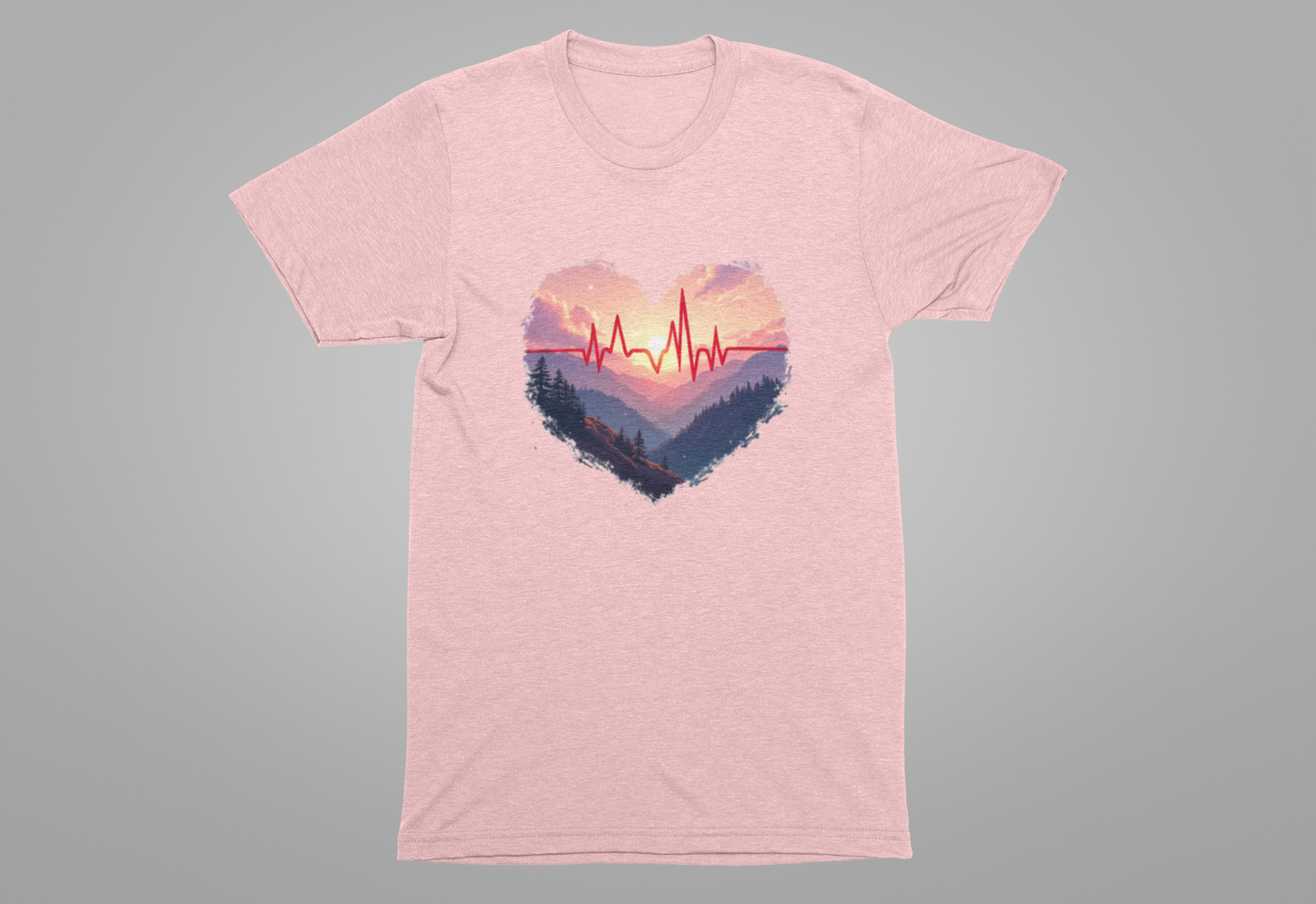 Heart-Shaped Majestic Mountains Landscape with Bold Red Lifeline Graphic T-Shirt