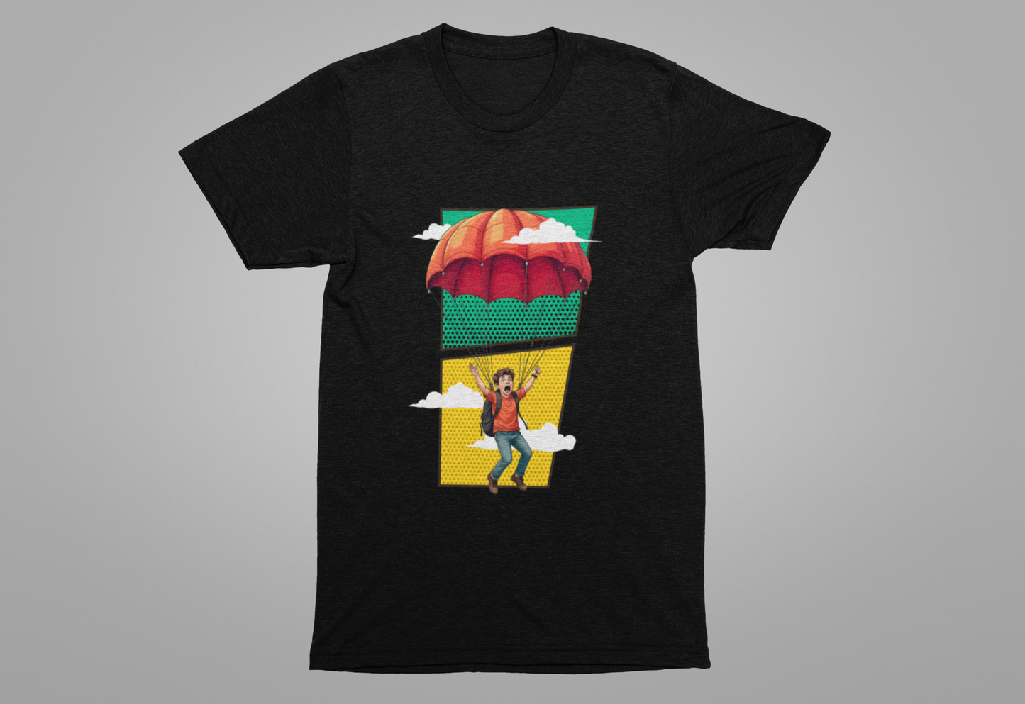 Do it Scared Boy Parachuting Mid-Air with Clouds Background Graphic T-Shirt