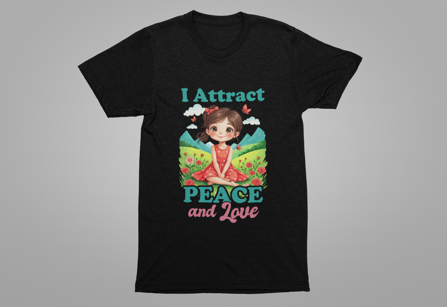 I Attract PEACE & Love – Little Girl in Nature with Butterflies Graphic T-Shirt