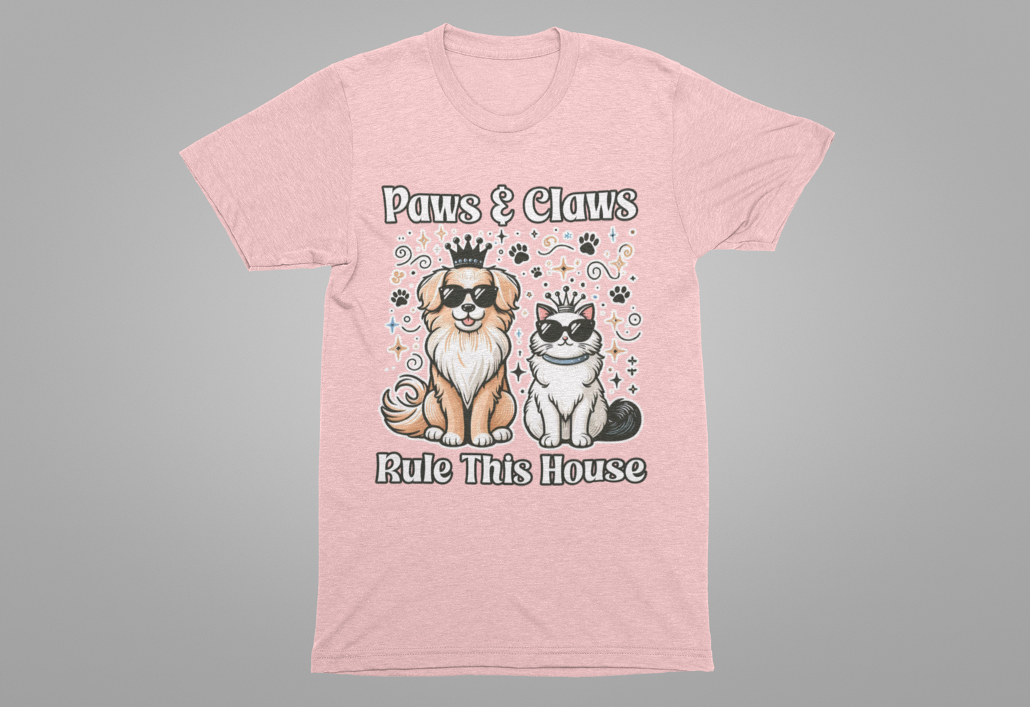 Paws and Claws Rule the House | Smiling Dog & Cat with Paw Shapes T-Shirt