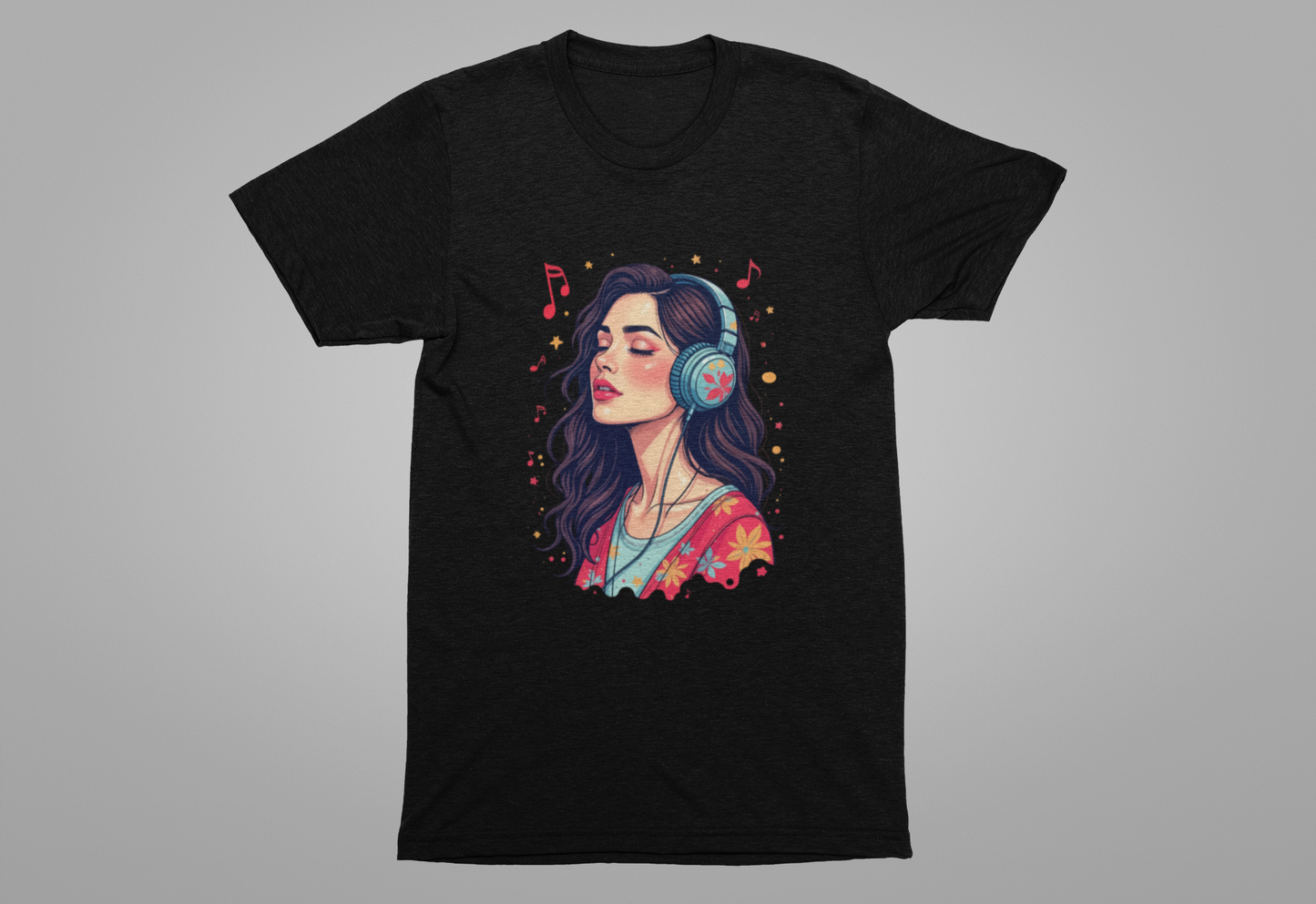Quietly Loud – Woman with Headphones, Leaf Pattern Dress & Expressive Music Notes Graphic T-Shirt