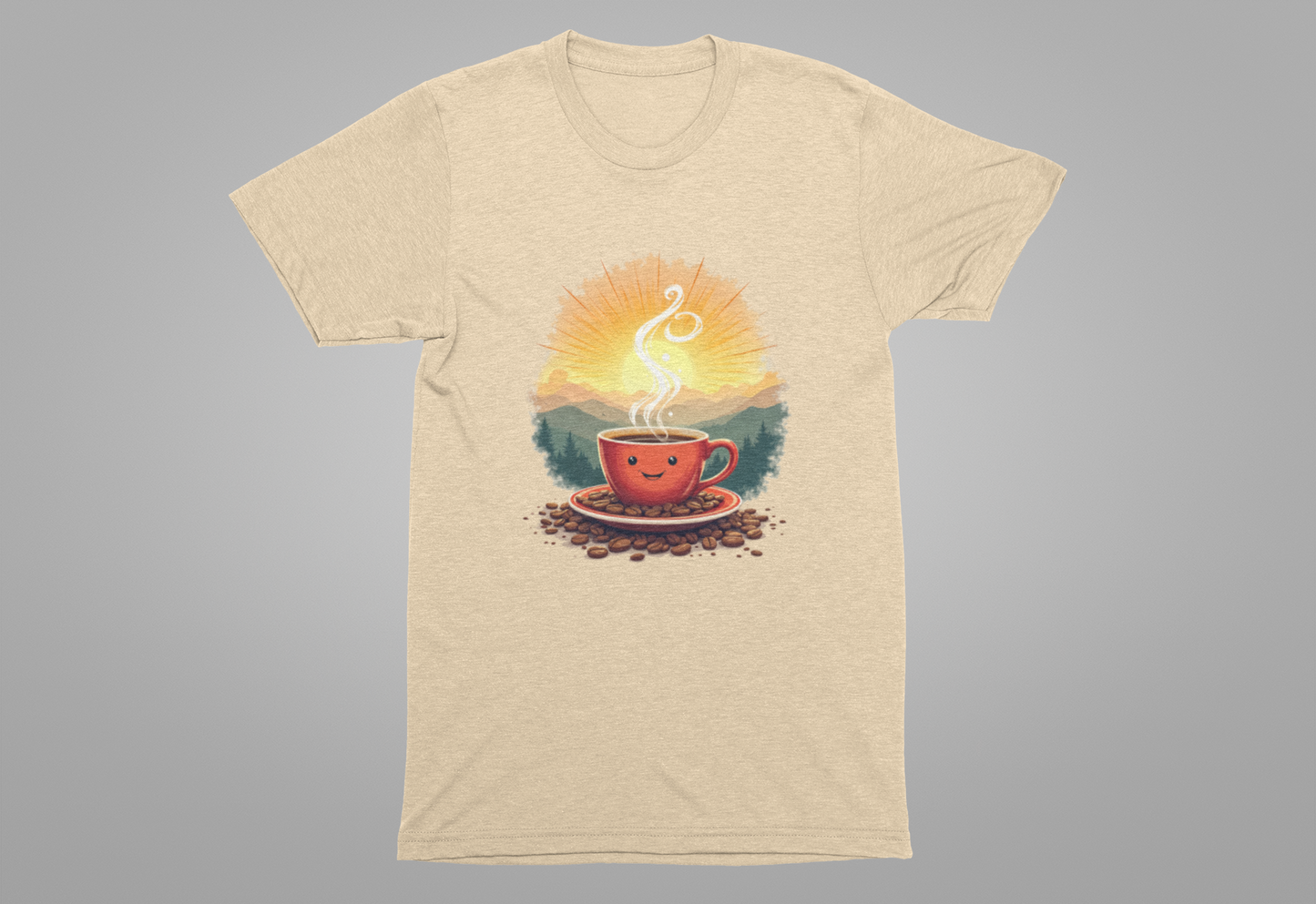 Sunrise Coffee Cup with Coffee Beans and Radiant Morning Glow Graphic T-Shirt