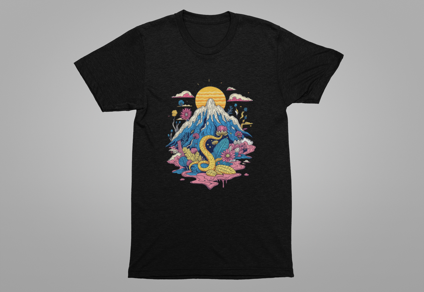Psychological Jungle Mountain – Psychedelic Sun and Jungle Landscape Graphic T-Shirt
