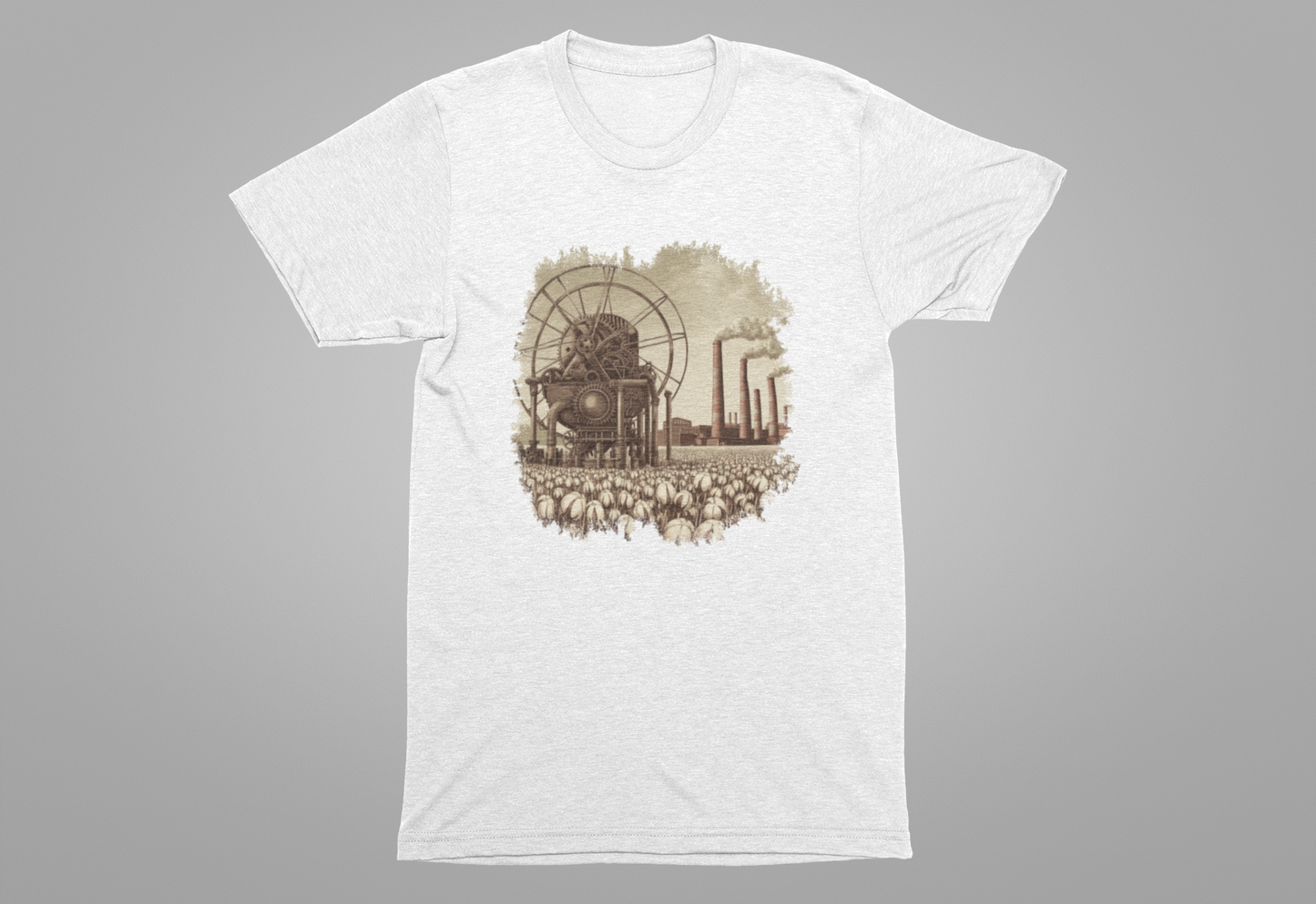 Cotton Gin Club Tshirt – Harvest-Ready Cotton Field with Historic Spinning Machine and Factory